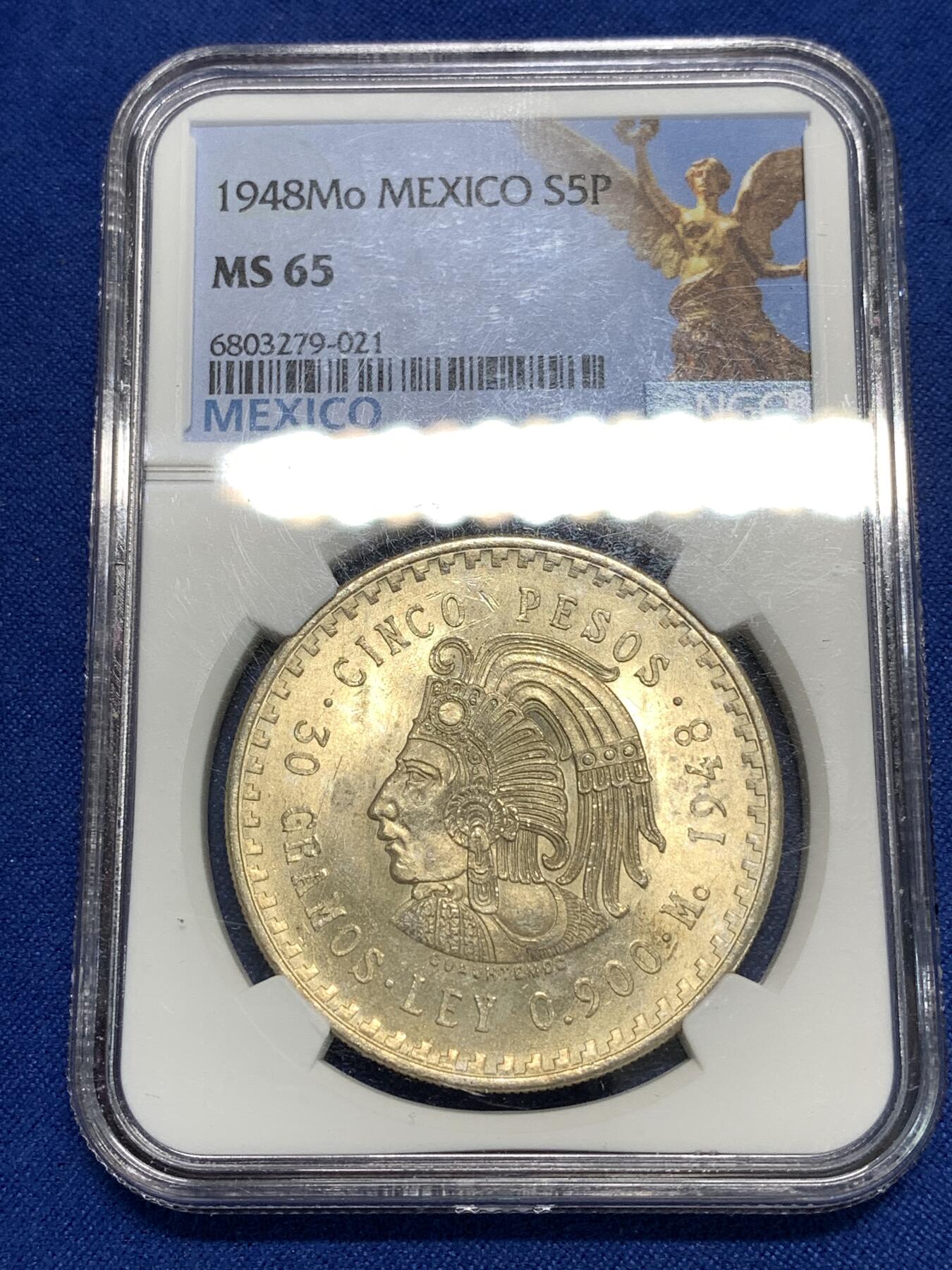 《竞宝斋》第295场- 周日，周一  2场连拍 （全场包邮） NGC MS65 墨西哥1948年玛雅酋长5比索鹰洋大银币