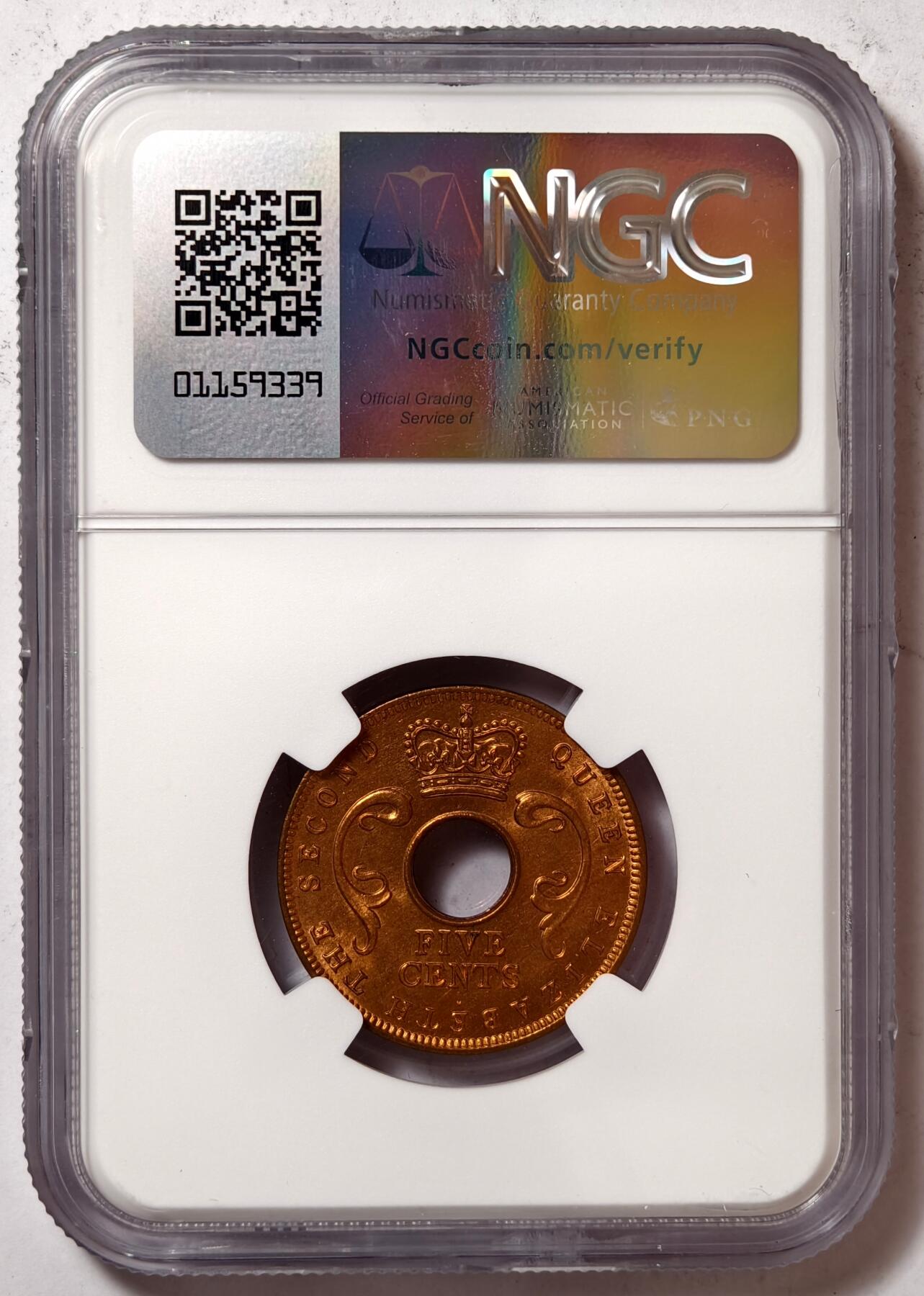 紫瑗钱币——第458期 英属东非 1956年 H版 伊丽莎白二世 5分 红铜币 NGC MS65 RD