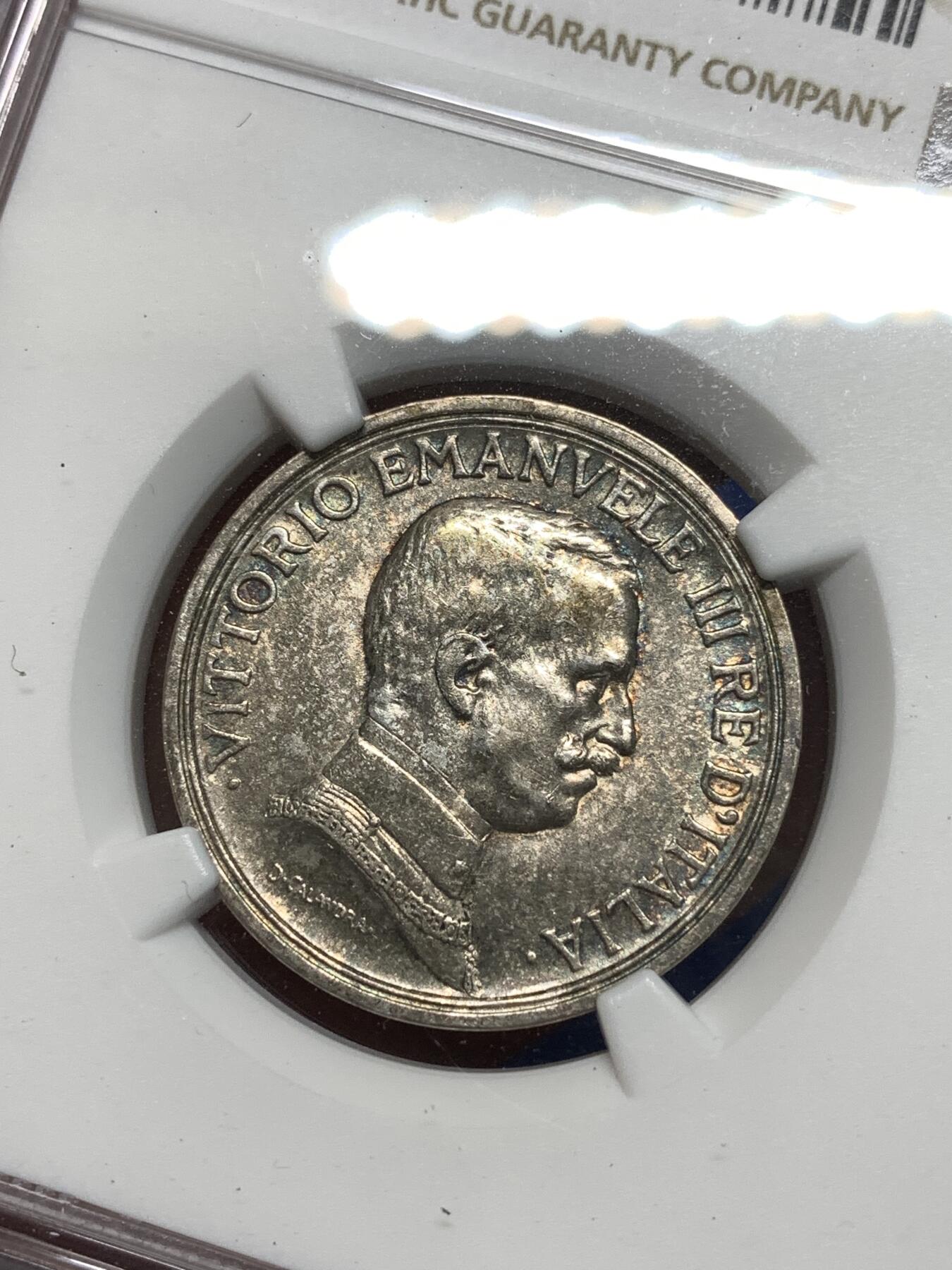 《竞宝斋》第295场- 周日，周一  2场连拍 （全场包邮） NGC AU58 意大利1914年埃曼努埃莱三世四驾马车2里拉