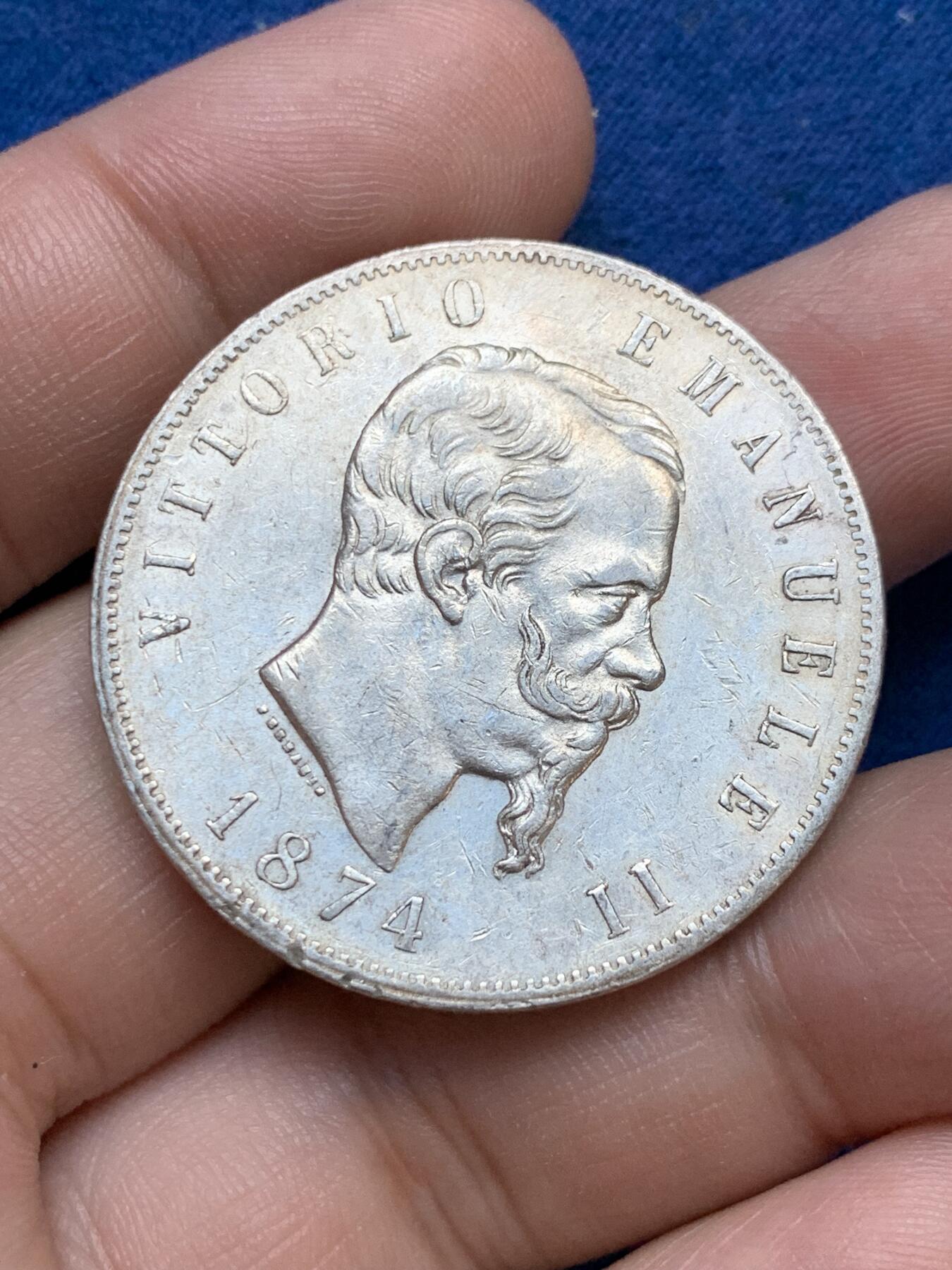 《竞宝斋》第295场- 周日，周一  2场连拍 （全场包邮） 意大利1874年5里拉银币 状态还不错