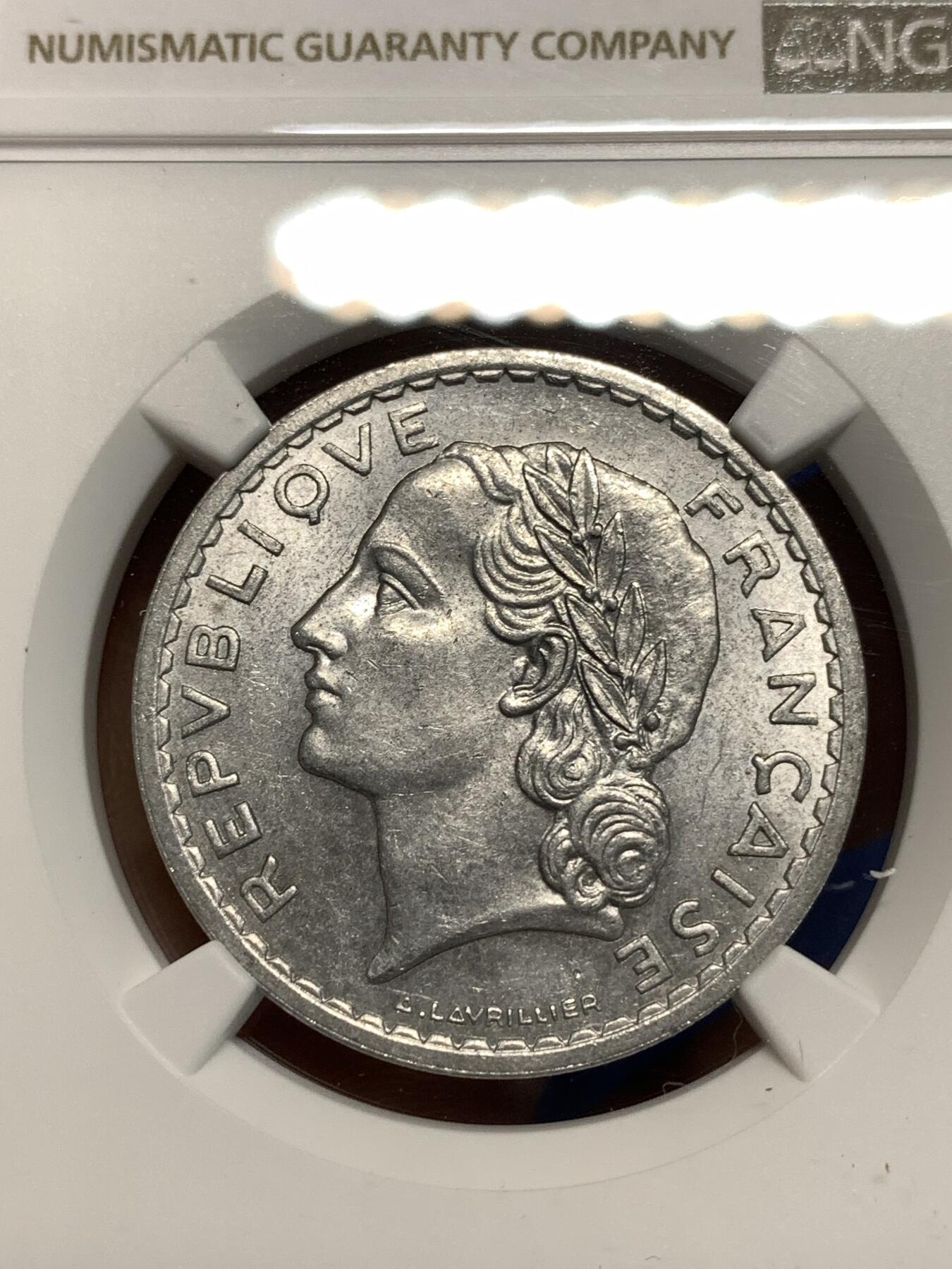 《竞宝斋》第295场- 周日，周一  2场连拍 （全场包邮） NGC MS64 1947年法兰西第四共和国5法郎铝币