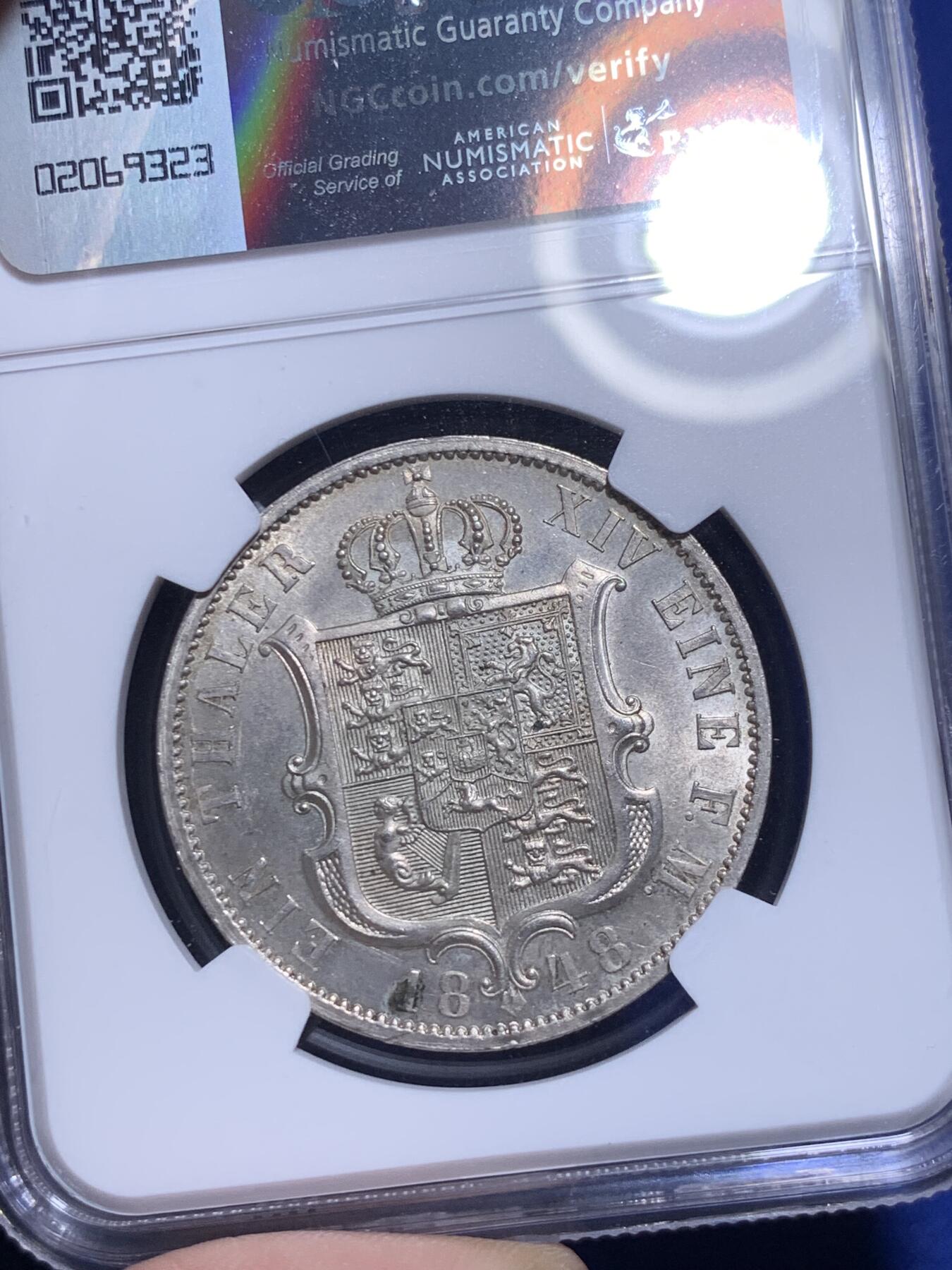 《竞宝斋》第295场- 周日，周一  2场连拍 （全场包邮） NGC MS63 德国 汉诺威 1848年 奥古斯特邦徽 泰勒银币 细节高点清晰 63分难得