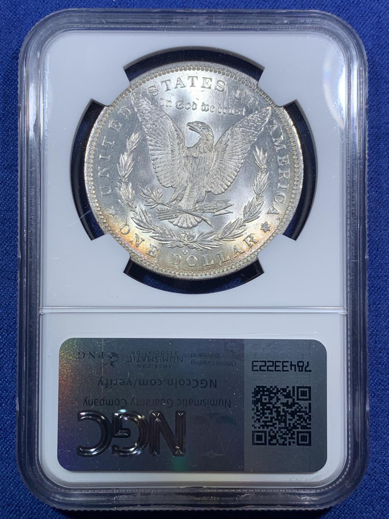 《竞宝斋》第295场- 周日，周一  2场连拍 （全场包邮） NGC MS63 美国1883-O 摩根1美元银币 双面转光流畅生动，保持着百年前的光泽，两面带有月牙包浆，63中战斗机。