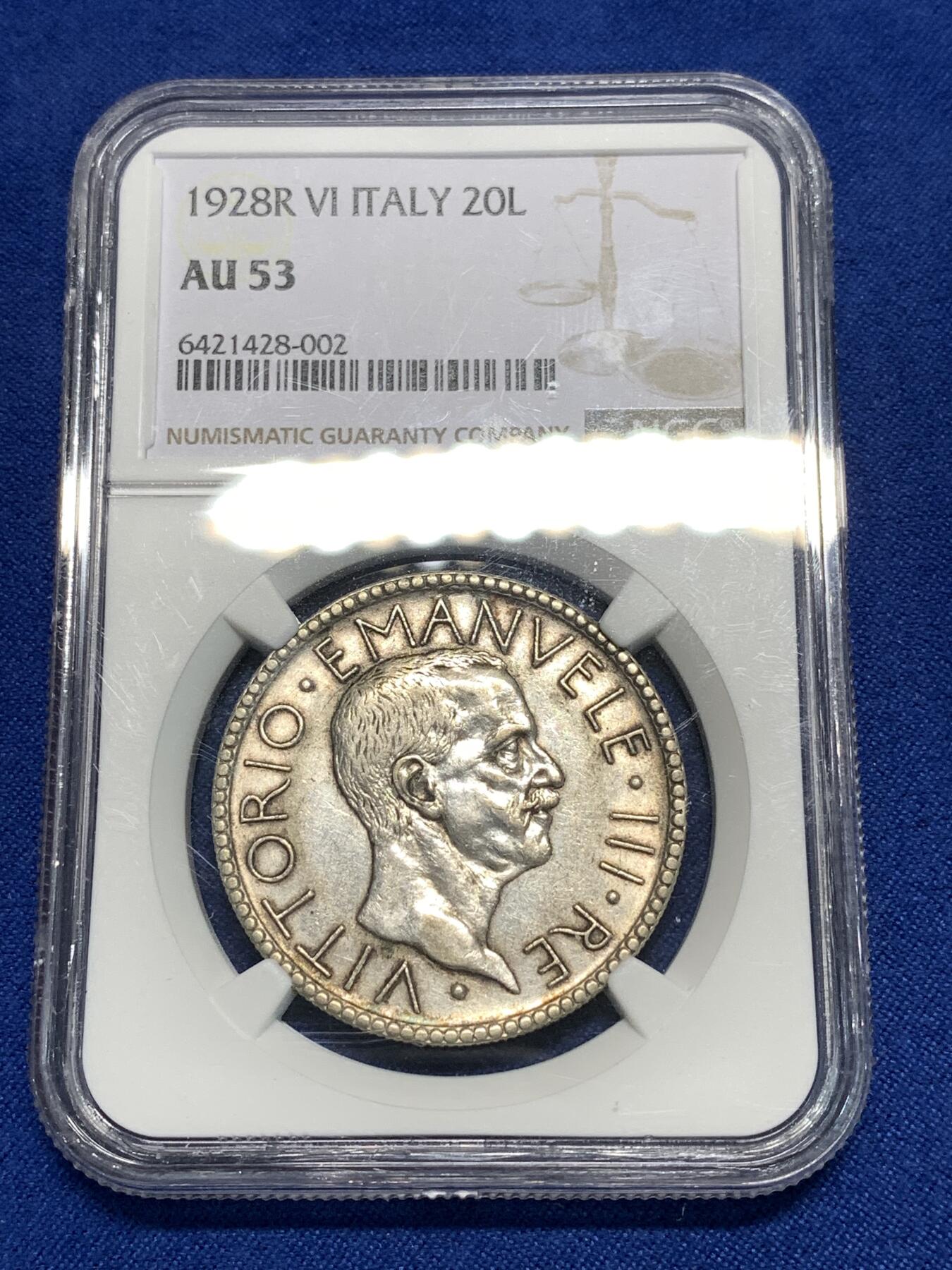 《竞宝斋》第295场- 周日，周一  2场连拍 （全场包邮） NGC AU53 意大利1928年裸男20里拉银币 经典造型 稀少年份