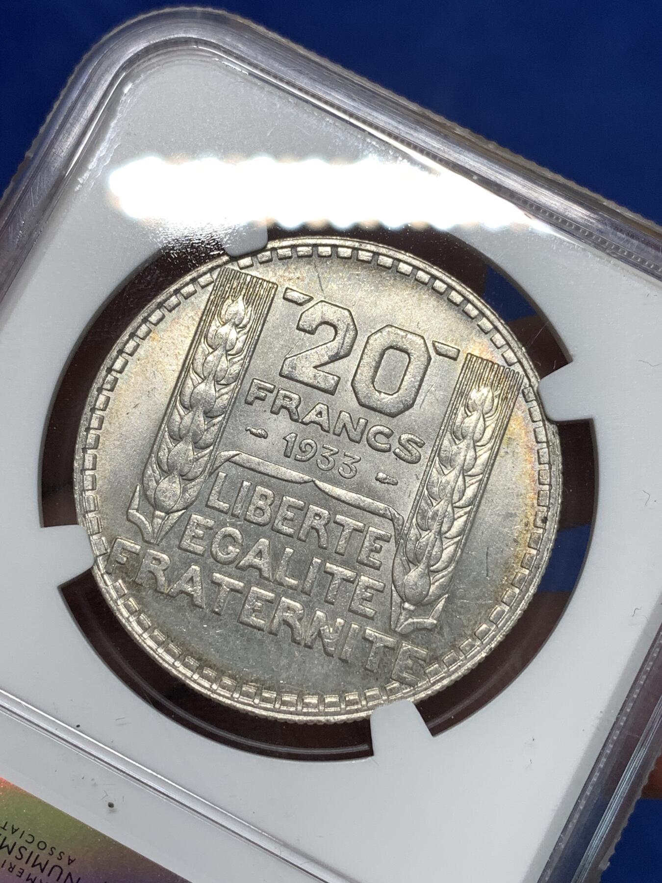 《竞宝斋》第295场- 周日，周一  2场连拍 （全场包邮） NGC MS62 法国1933年桂冠女神20法郎银币