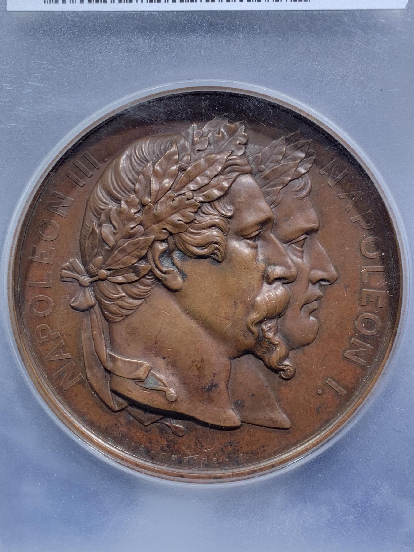 《竞宝斋》第295场- 周日，周一  2场连拍 （全场包邮） PCGS SP62BN 1853年法兰西第二帝国拿破仑三世与皇后 复辟加冕高浮雕大铜章 70MM 拿三大尺寸铜章相当难得