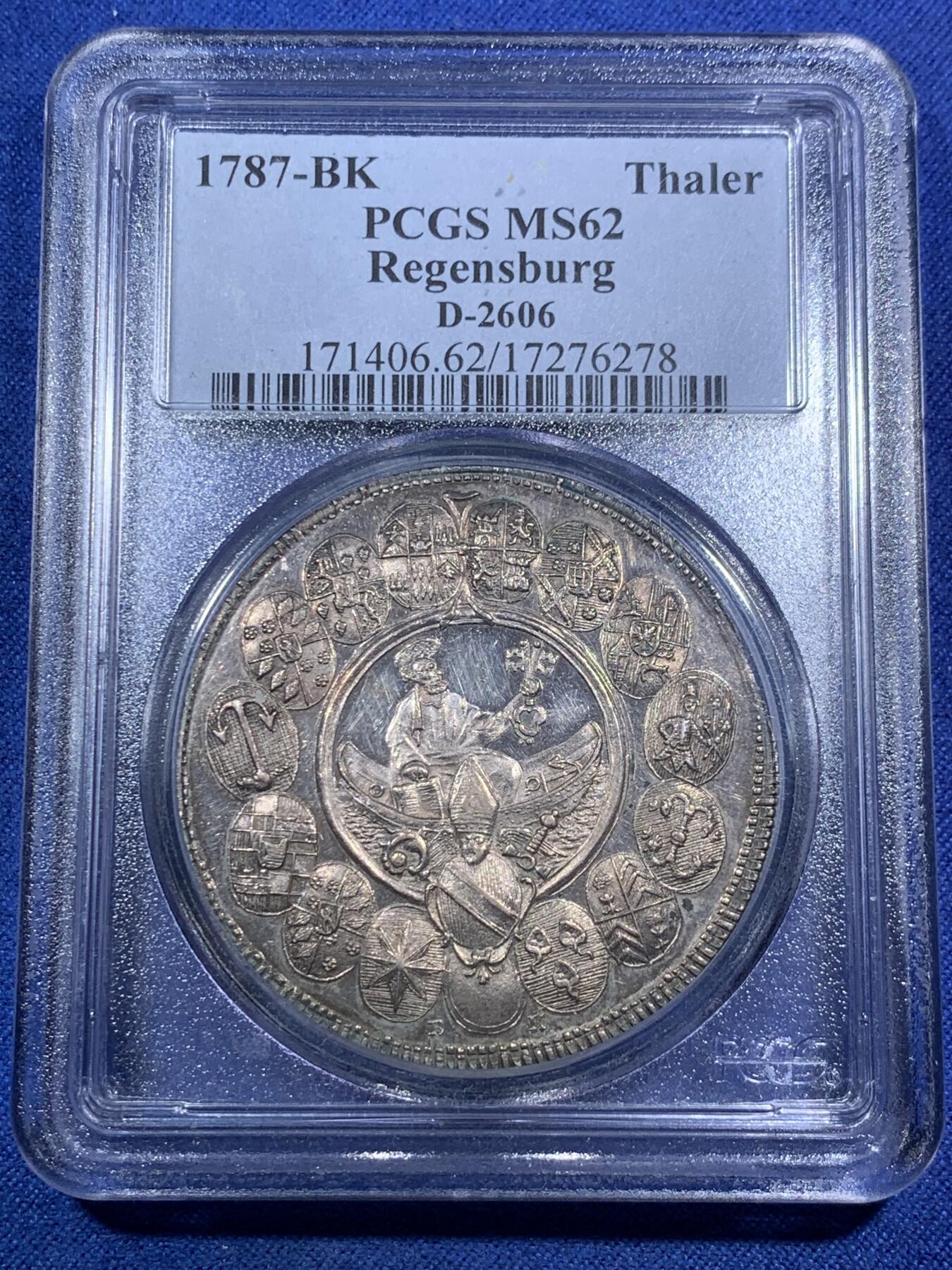 《竞宝斋》第295场- 周日，周一  2场连拍 （全场包邮） PCGS MS62 德国1787-BK雷根斯堡主教区泰勒 银币 细节惊人 值得收藏