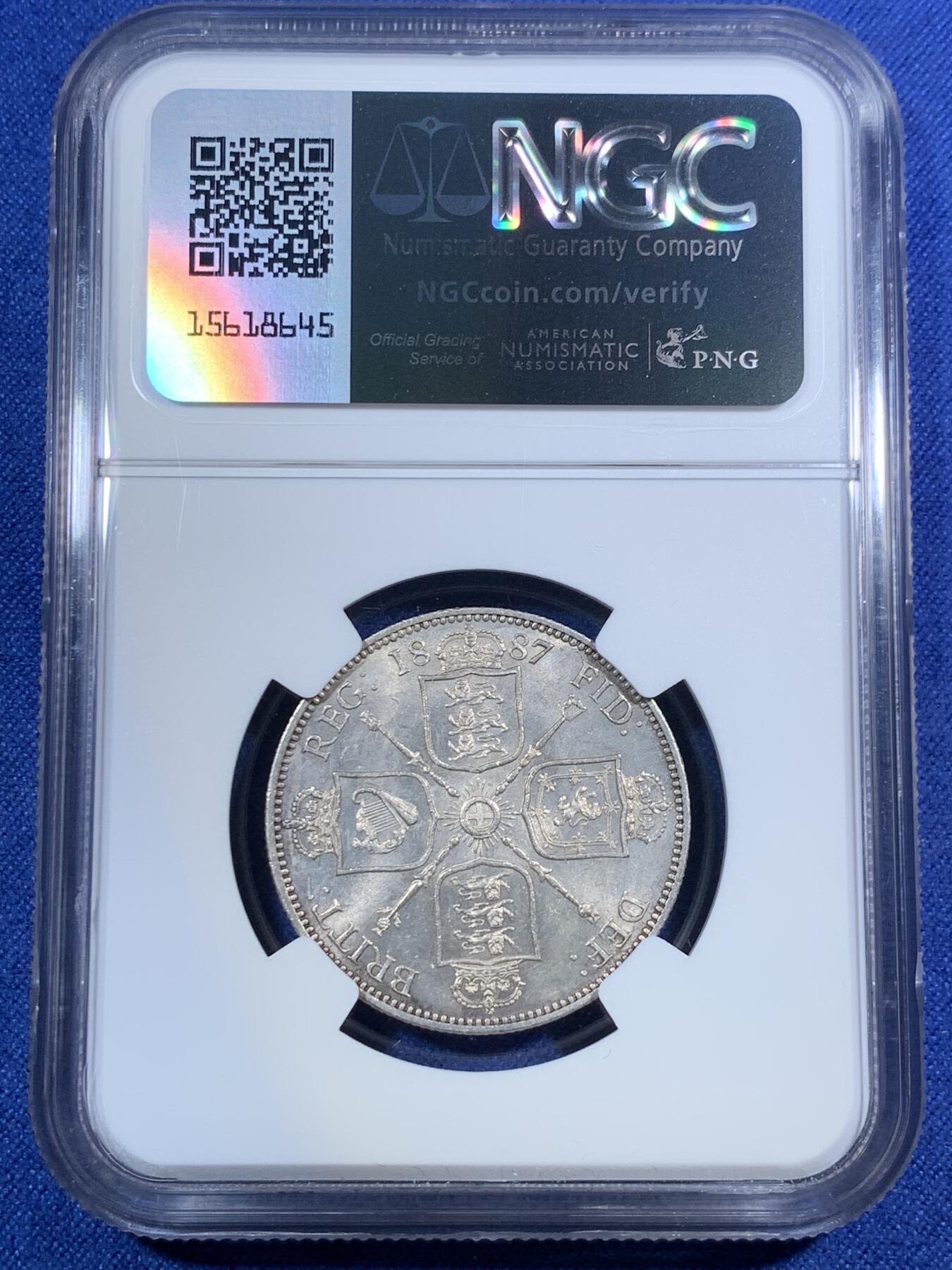 《竞宝斋》第295场- 周日，周一  2场连拍 （全场包邮） NGC MS64 1887年英国维多利亚女王1弗洛林2先令银币 高分难得 略带彩