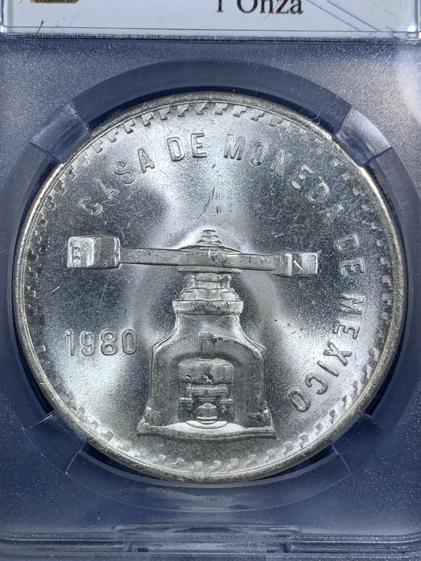 《竞宝斋》第295场- 周日，周一  2场连拍 （全场包邮） TQG MS64 墨西哥1980天平铸币机1盎司大银币 十字转光