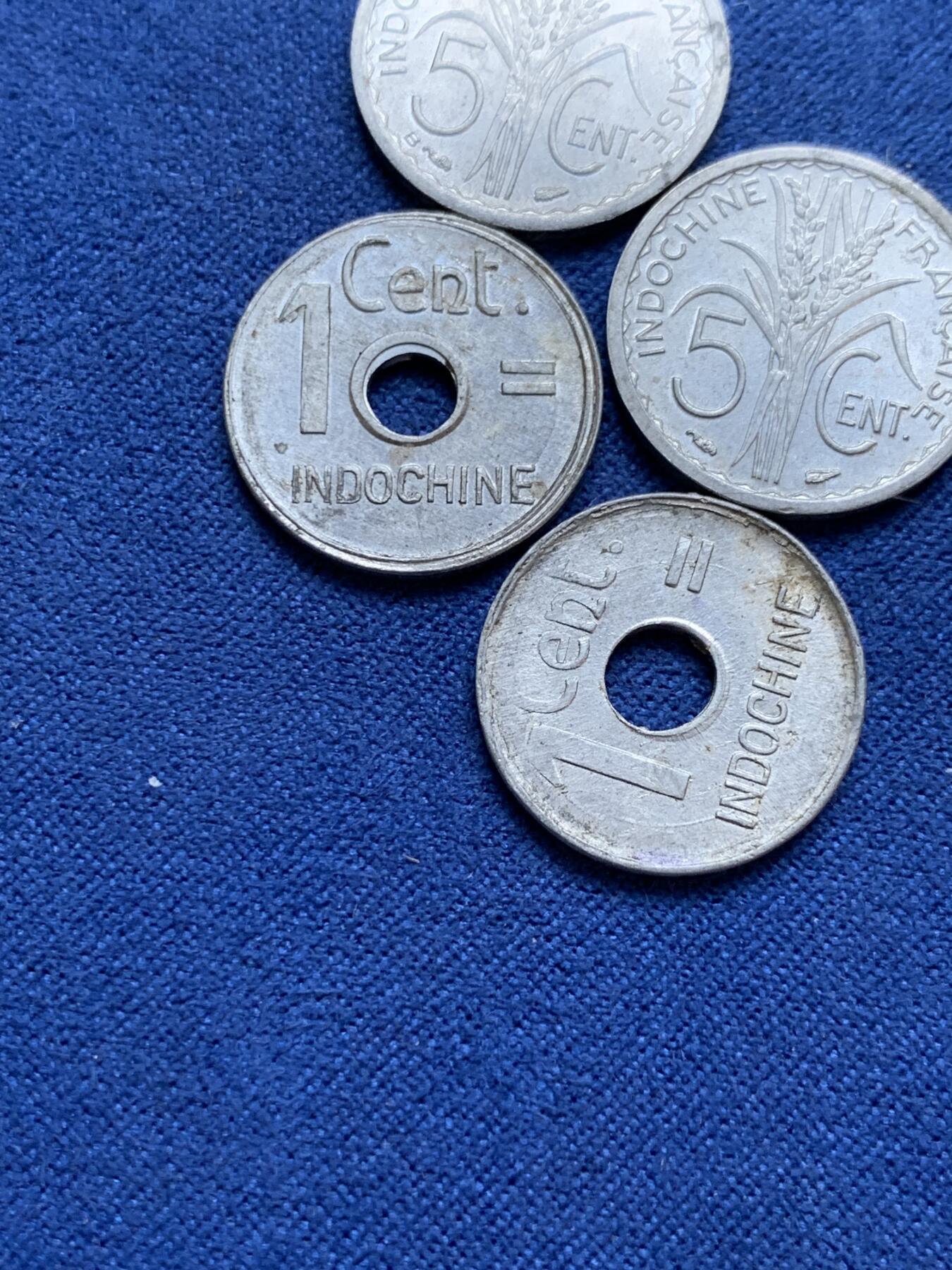 《竞宝斋》第295场- 周日，周一  2场连拍 （全场包邮） 4枚一组 法属印支1946年5分铝币两枚+法属印支1943年1分铝币两枚