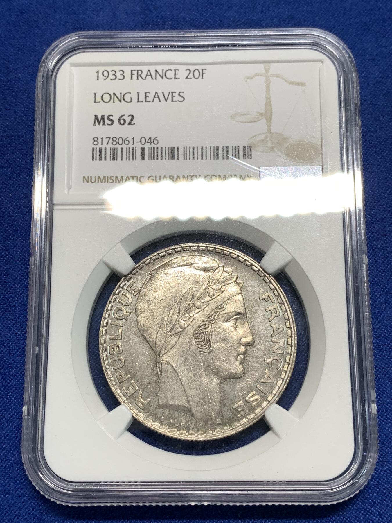 《竞宝斋》第295场- 周日，周一  2场连拍 （全场包邮） NGC MS62 法国1933年桂冠女神20法郎银币