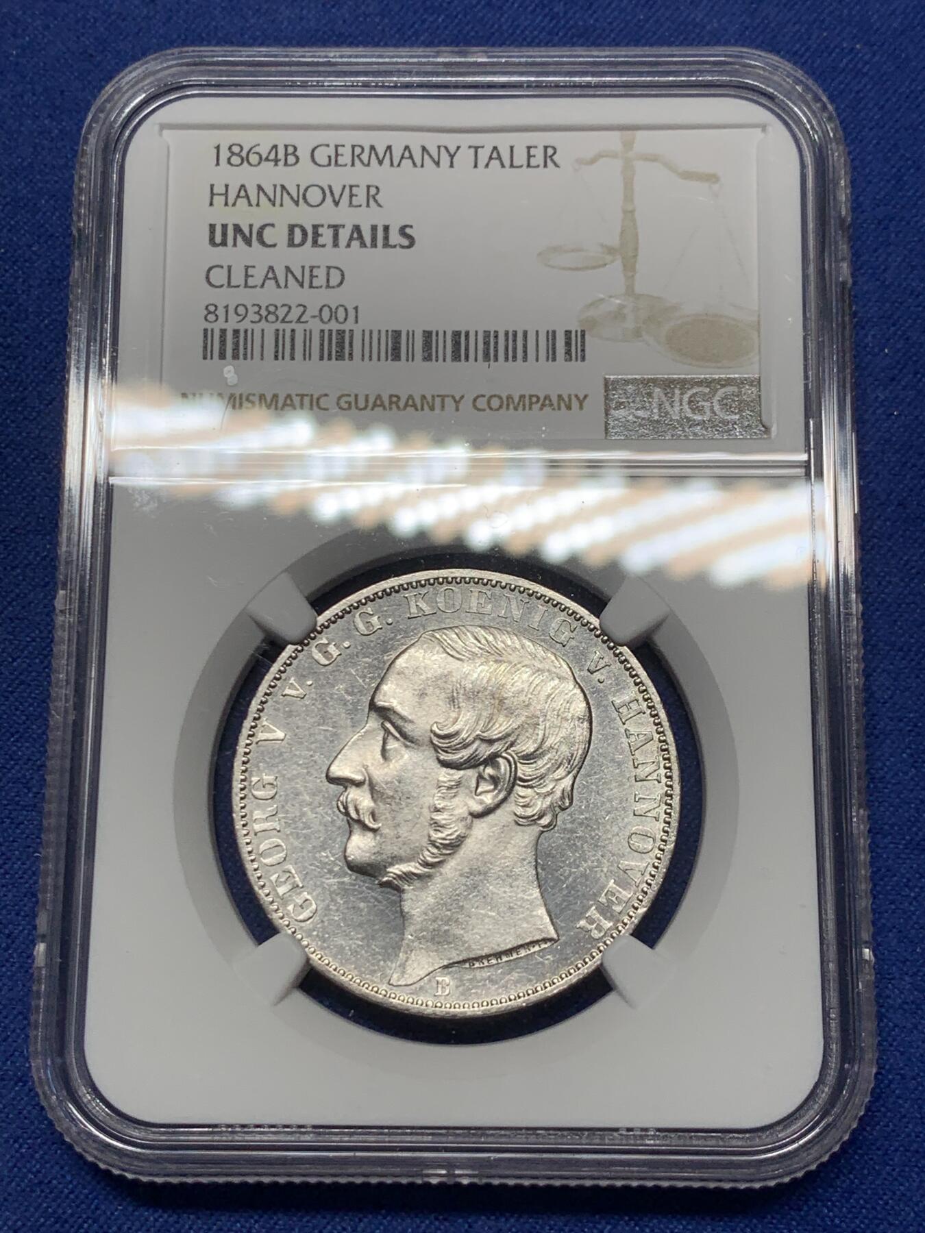 《竞宝斋》第295场- 周日，周一  2场连拍 （全场包邮） NGC UNC 德国 1864B 汉诺威 狮马泰勒银币 PL底板 可藏