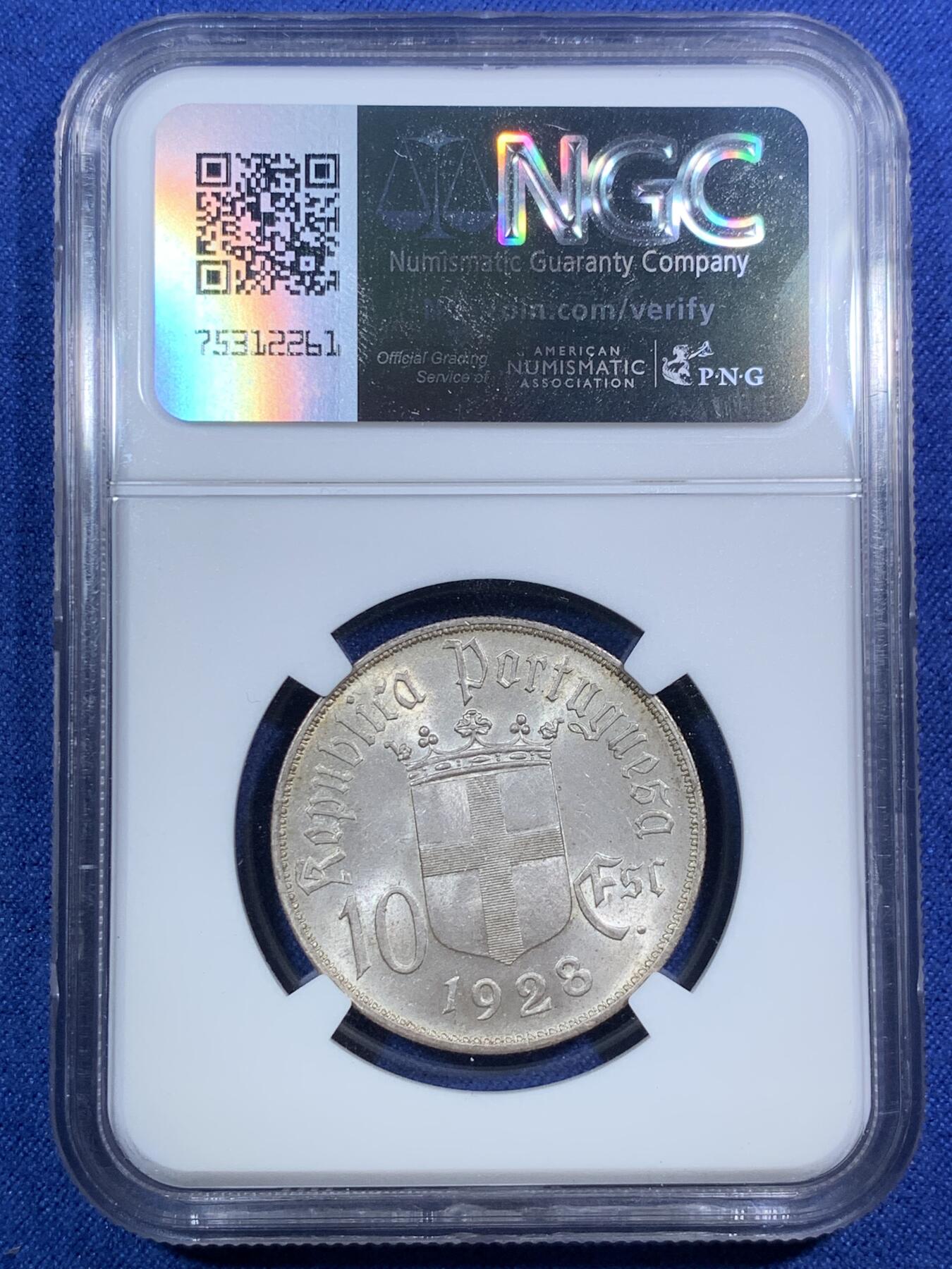 《竞宝斋》第295场- 周日，周一  2场连拍 （全场包邮） NGC MS64 葡萄牙1928年奥里基战役10埃斯库多银币 欧陆灰包浆