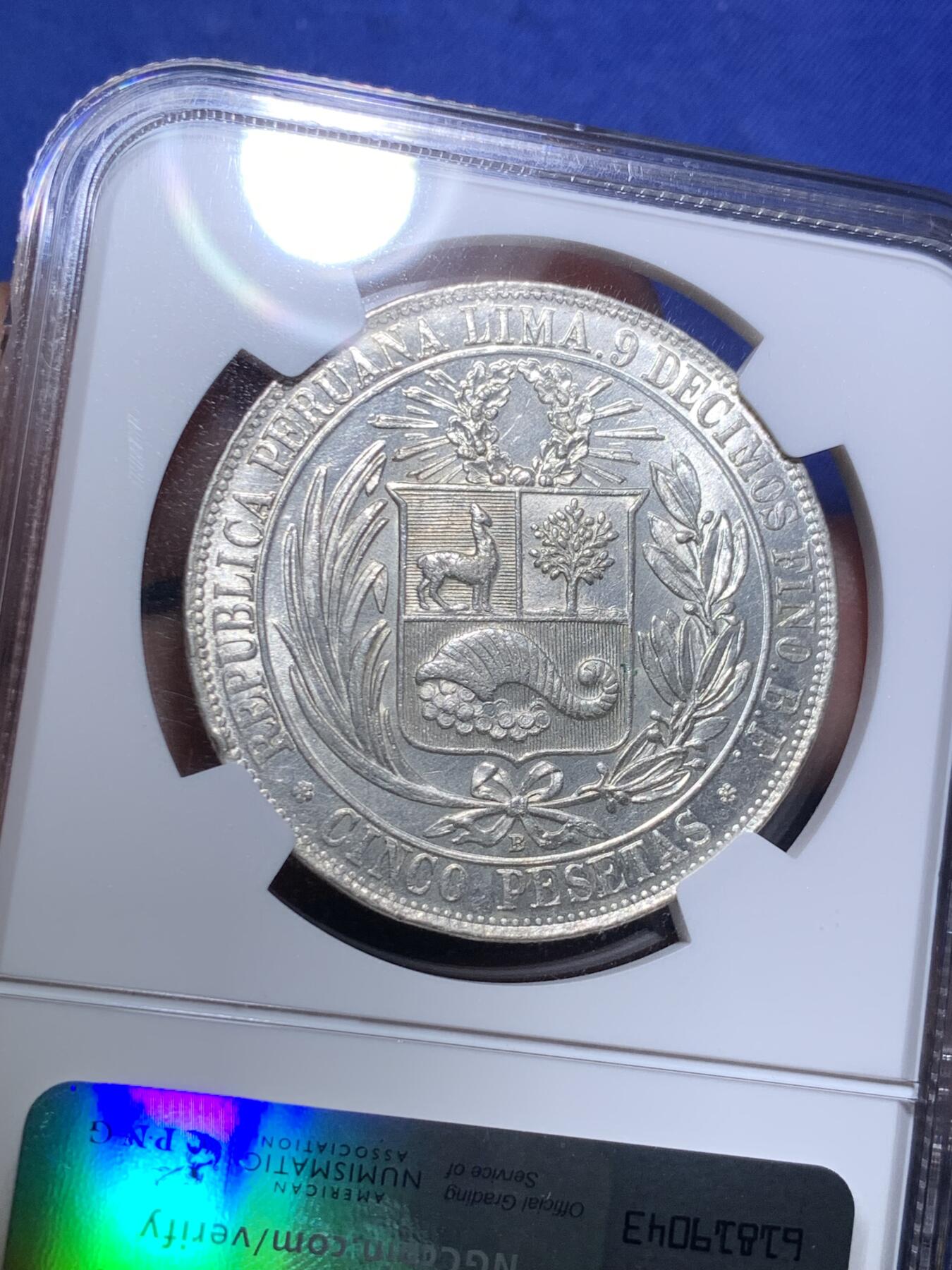 《竞宝斋》第295场- 周日，周一  2场连拍 （全场包邮） NGC MS62  西属秘鲁1880年临时政府5比萨塔银币 底板状态好 背面转光 低评了