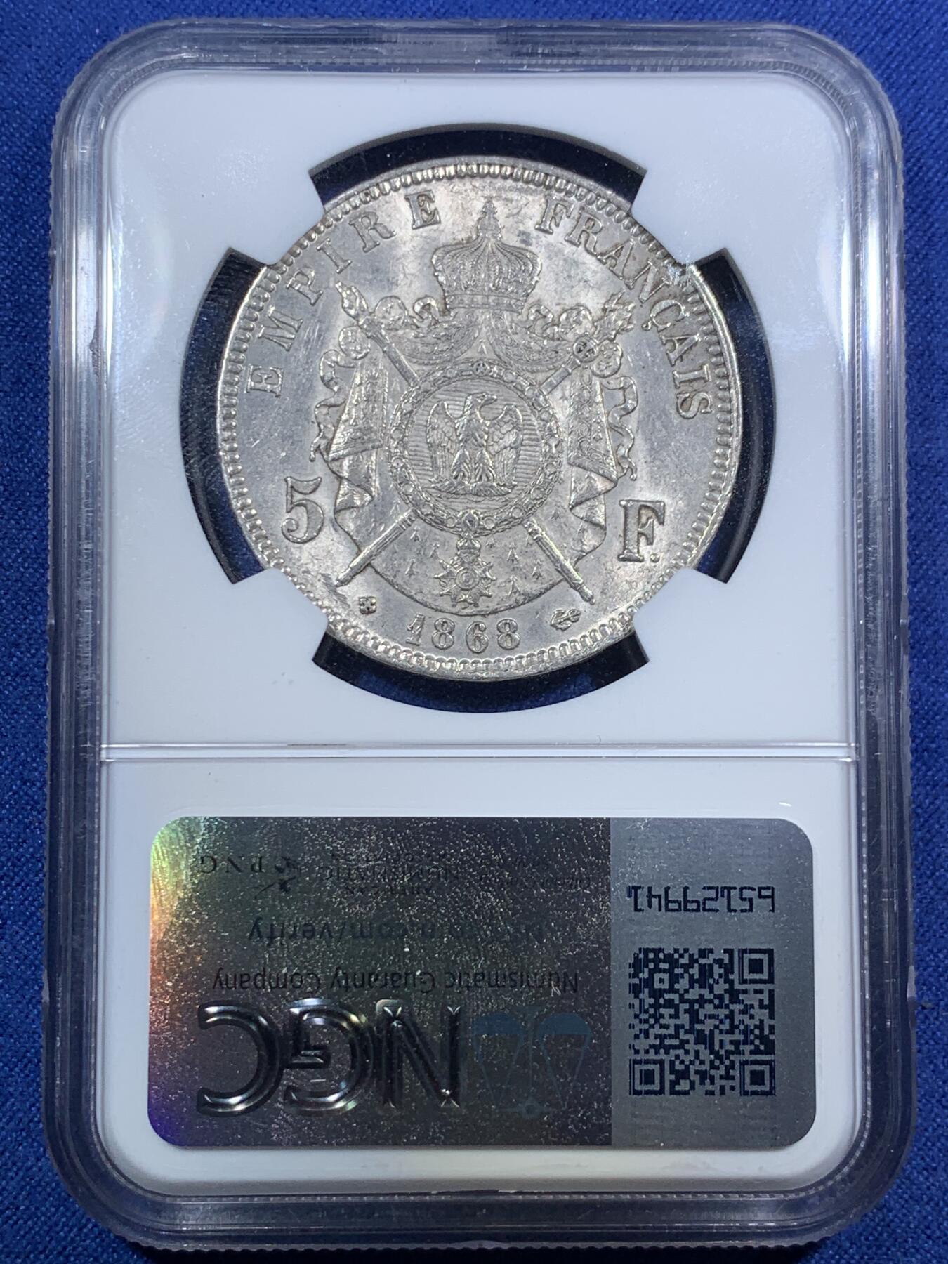 《竞宝斋》第295场- 周日，周一  2场连拍 （全场包邮） NGC UNC 法国1868年BB厂拿三5法郎银币