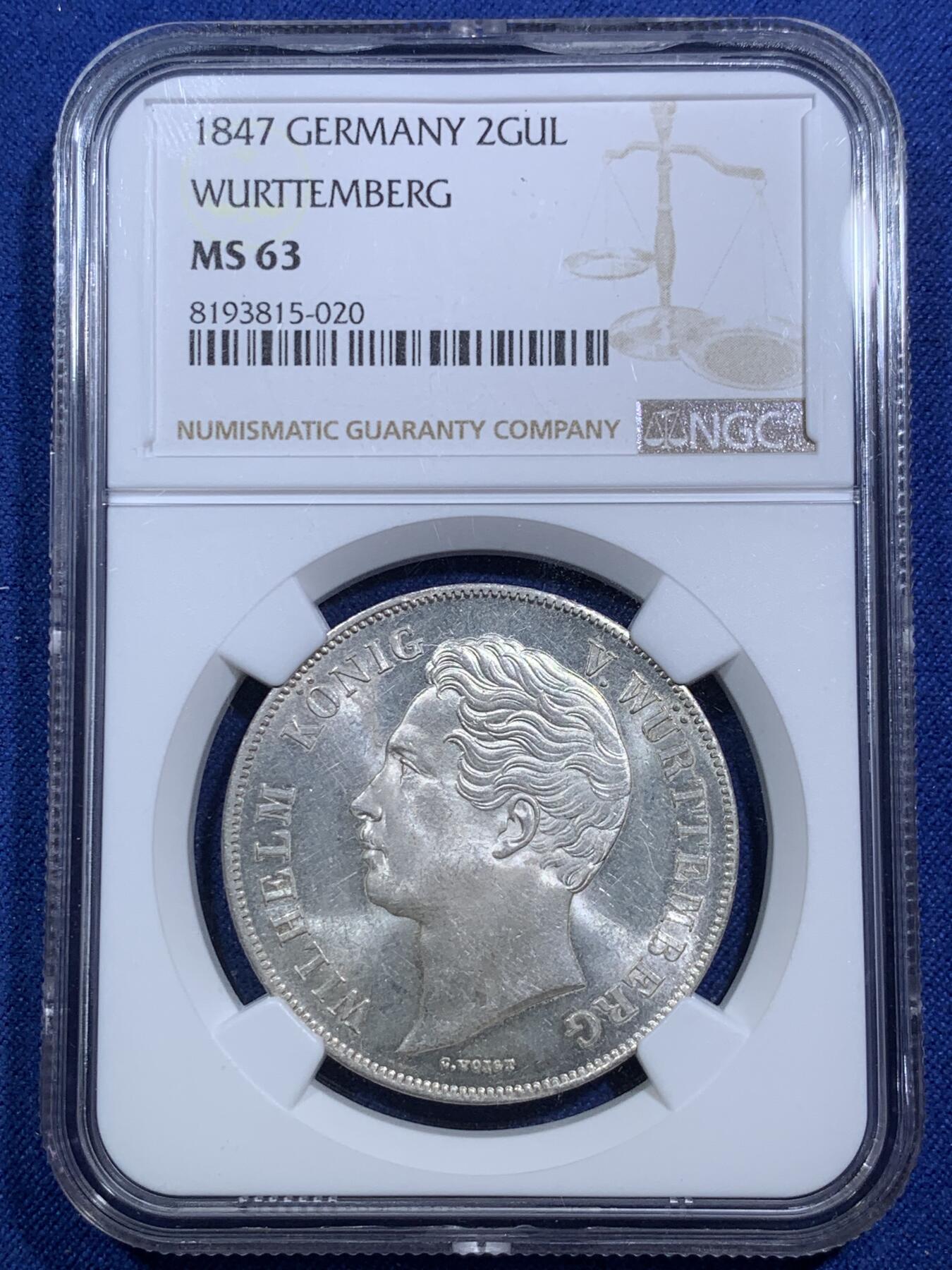 《竞宝斋》第295场- 周日，周一  2场连拍 （全场包邮） 唯一亚军分 NGC MS63 德国1847年符腾堡鹿狮2盾银币 转光狮子 顶级状态