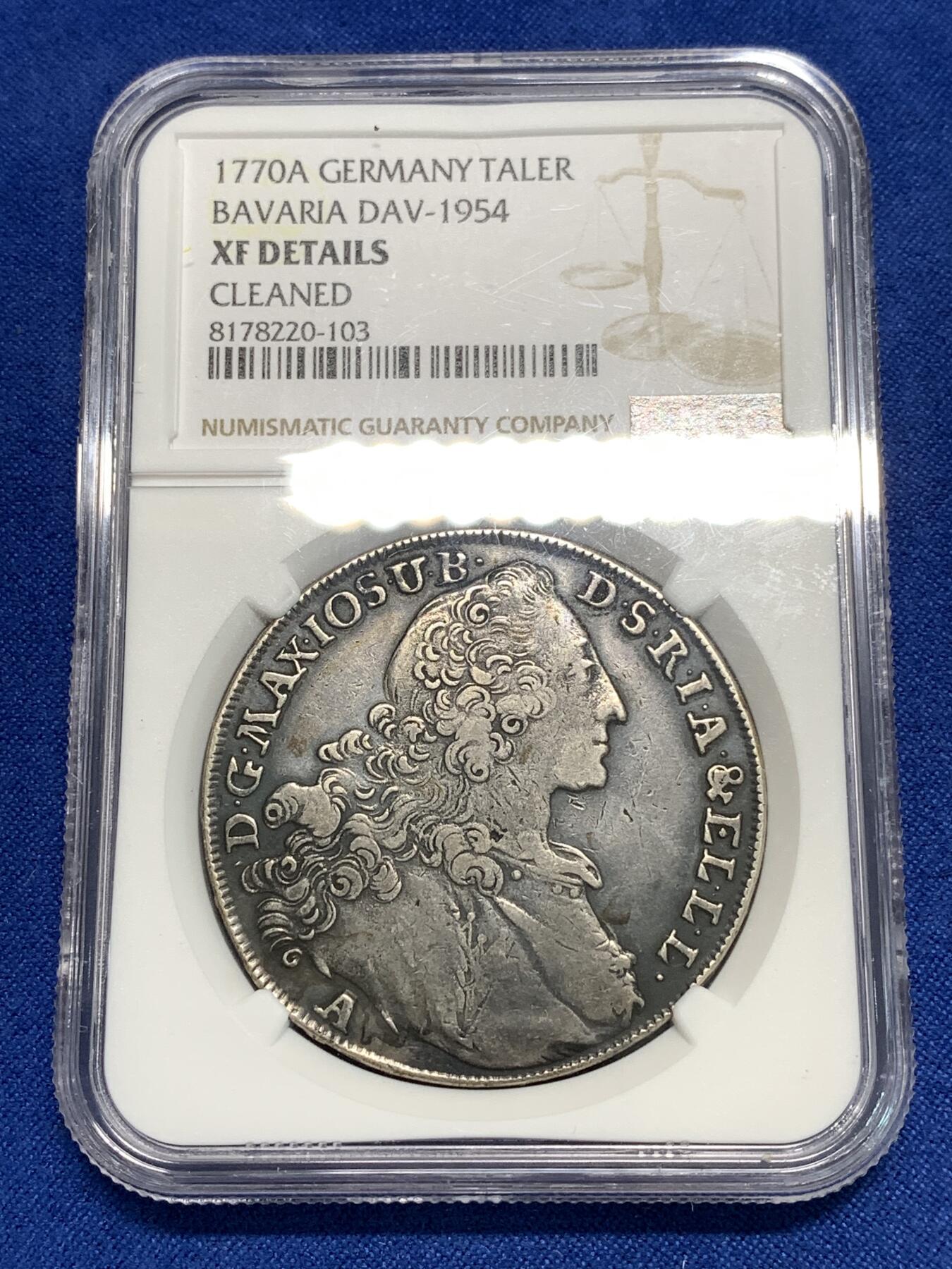 《竞宝斋》第295场- 周日，周一  2场连拍 （全场包邮） NGC XFD 德国巴伐利亚1770年马克西米利安圣母抱婴泰勒银币黑彩包浆