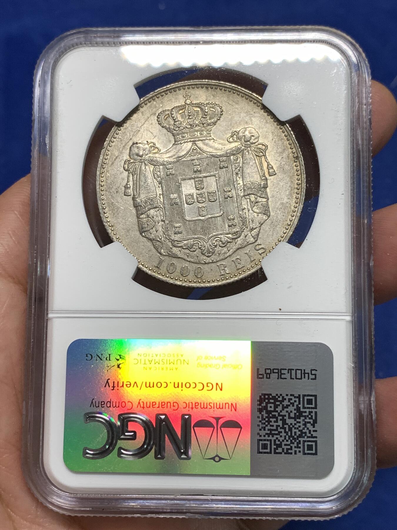 《竞宝斋》第295场- 周日，周一  2场连拍 （全场包邮） NGC UNCD 葡萄牙1899年卡洛斯一世头像1000瑞斯大银币