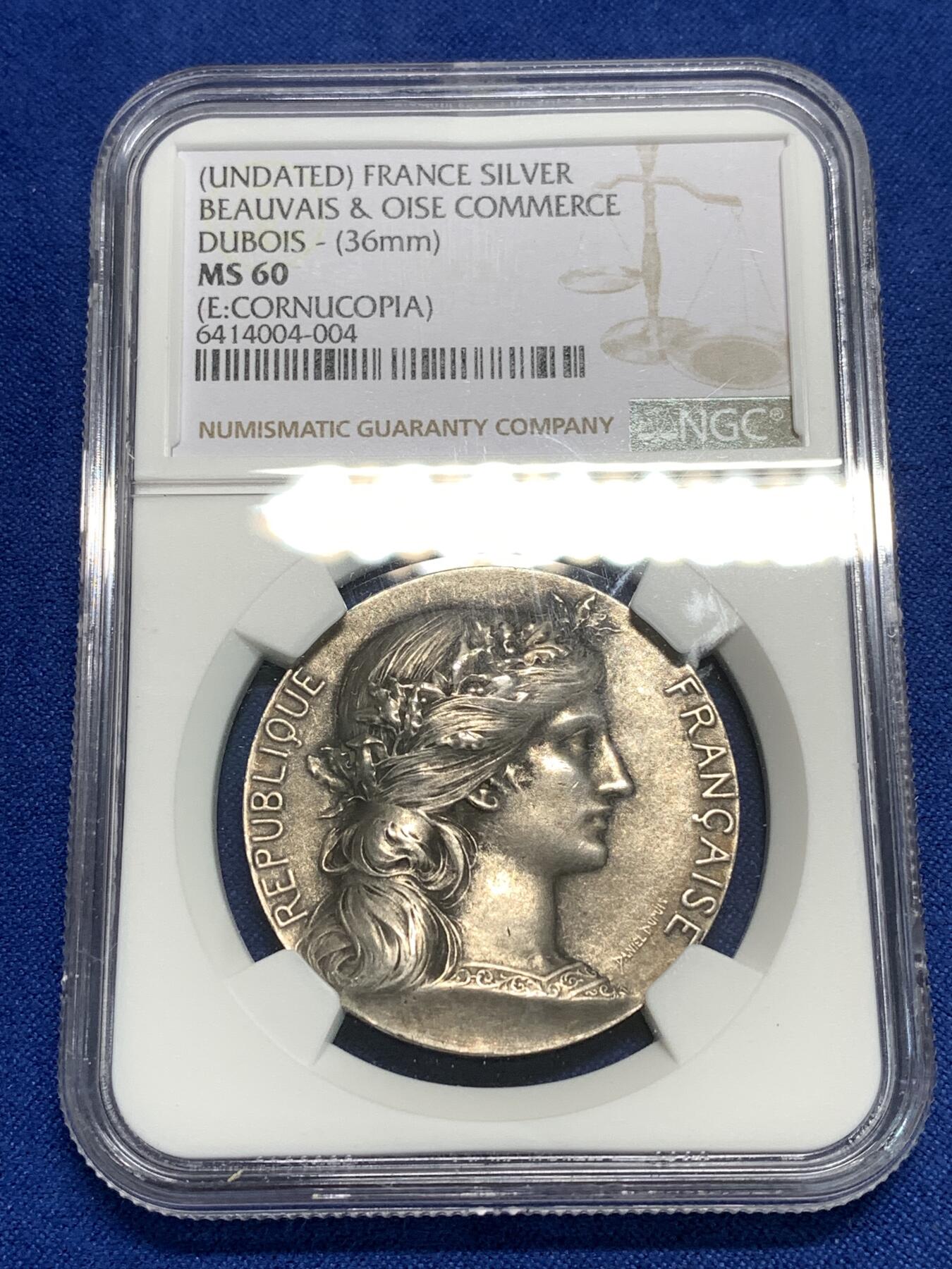 《竞宝斋》第295场- 周日，周一  2场连拍 （全场包邮） NGC MS60 法国商会玛丽安娜银章 丰饶角边铭