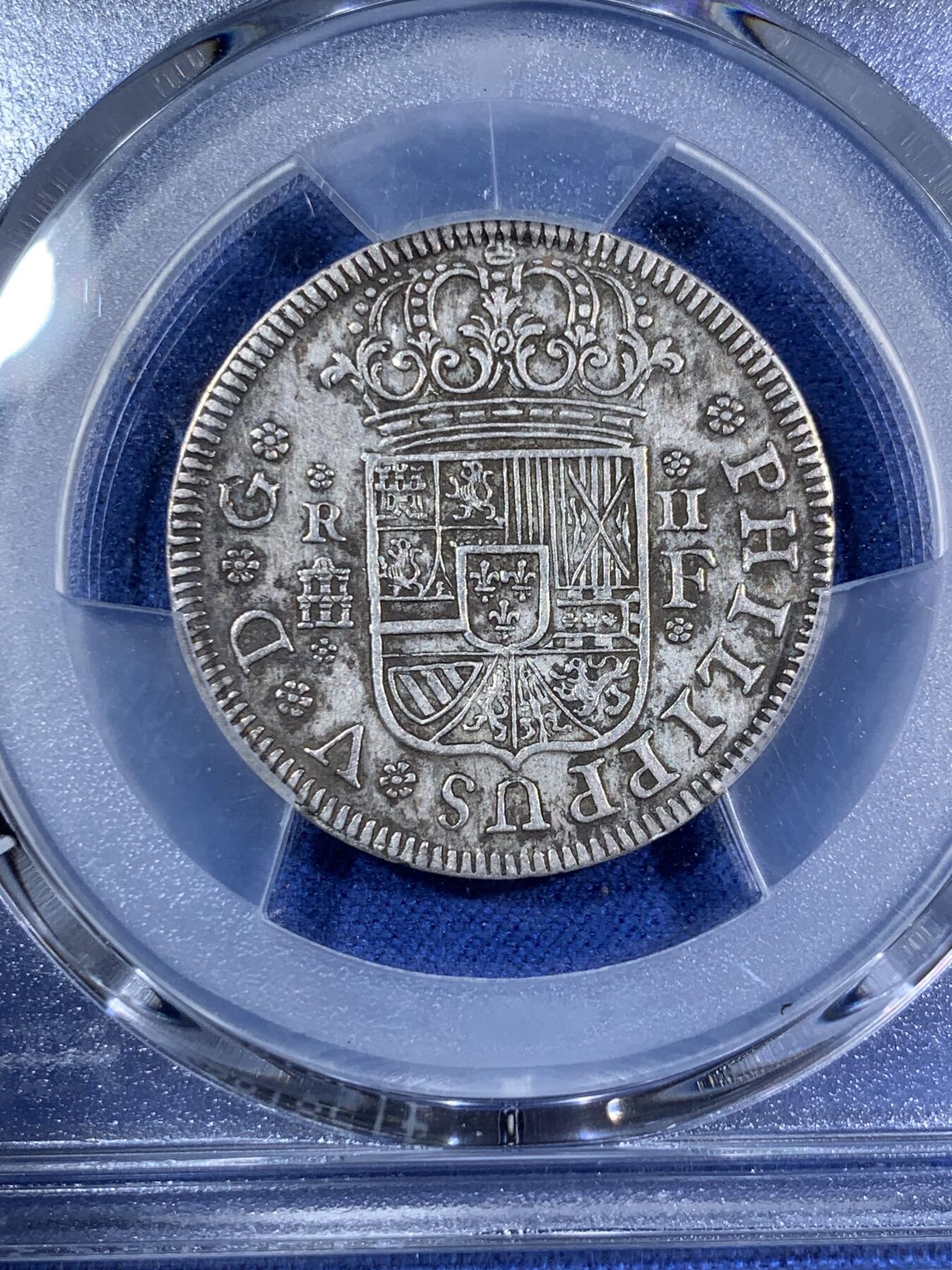 《竞宝斋》第295场- 周日，周一  2场连拍 （全场包邮） PCGS XF 西班牙 1727F 费五 本土 2里亚尔 银币原味包浆 少见