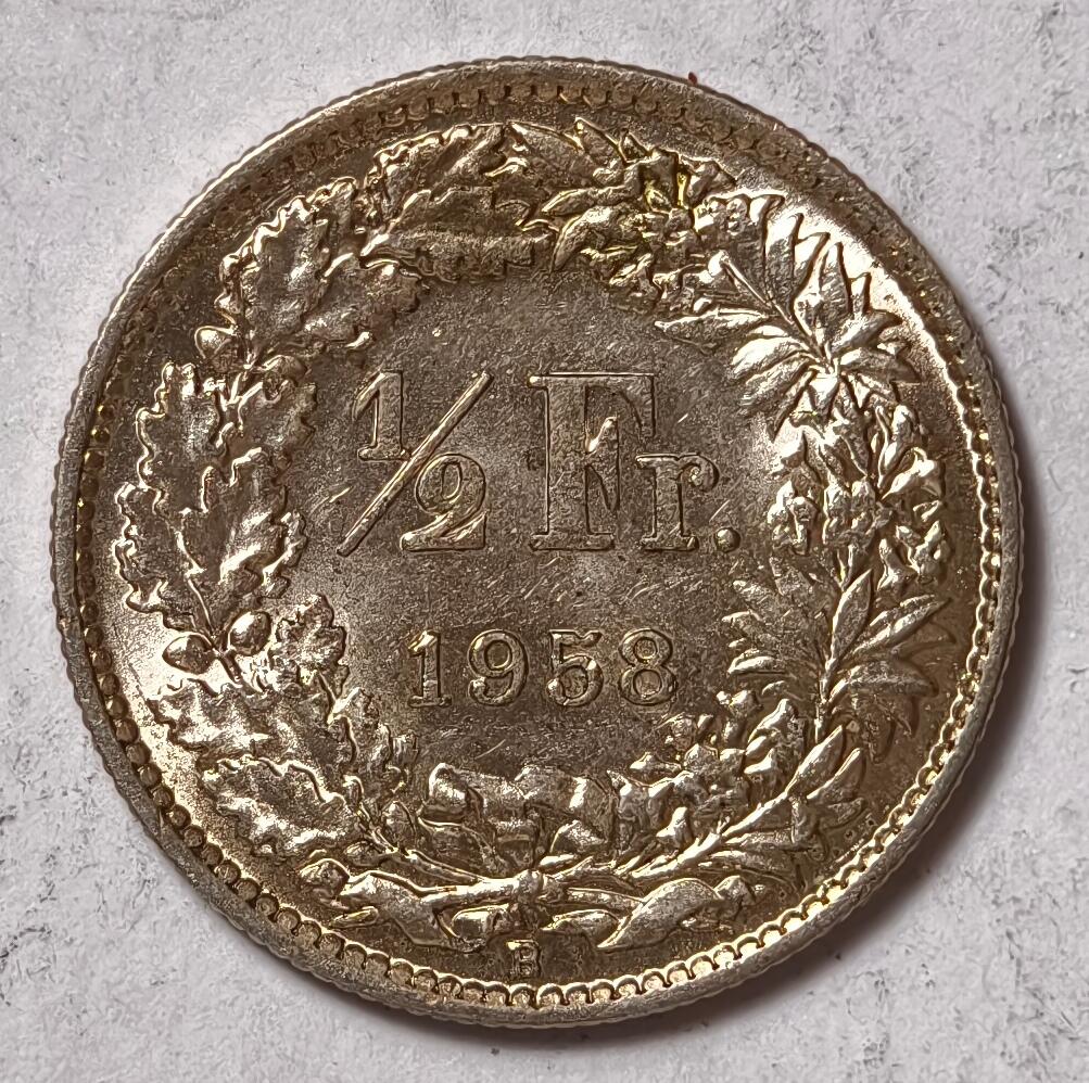 紫瑗钱币——第458期 瑞士 1958年 B版 赫尔维蒂女神 1/2法郎 2.5克 0.835银 UNC