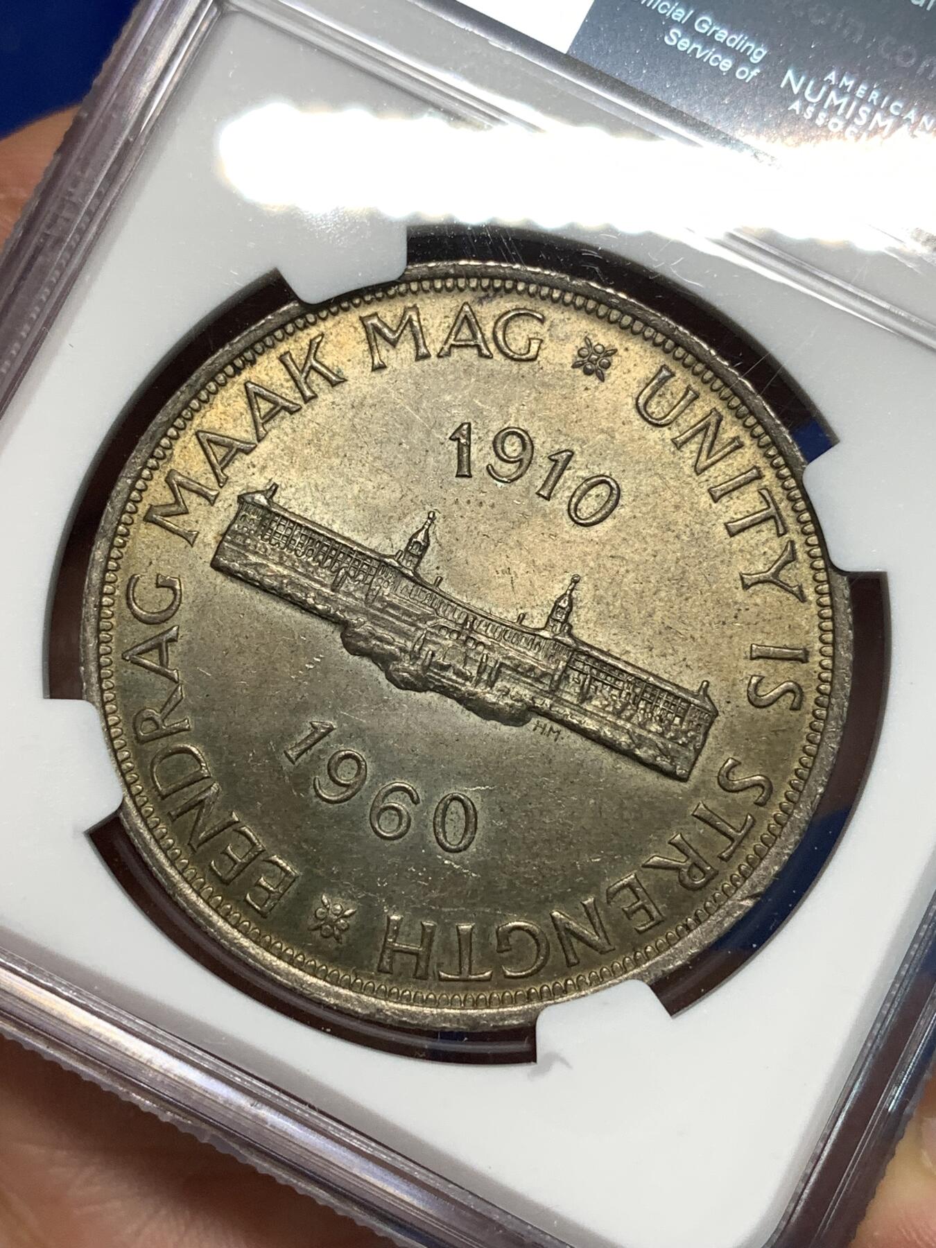 《竞宝斋》第295场- 周日，周一  2场连拍 （全场包邮） NGC MS63 南非1960年联盟成立50周年5先令大银币 极美原味黄油彩包浆