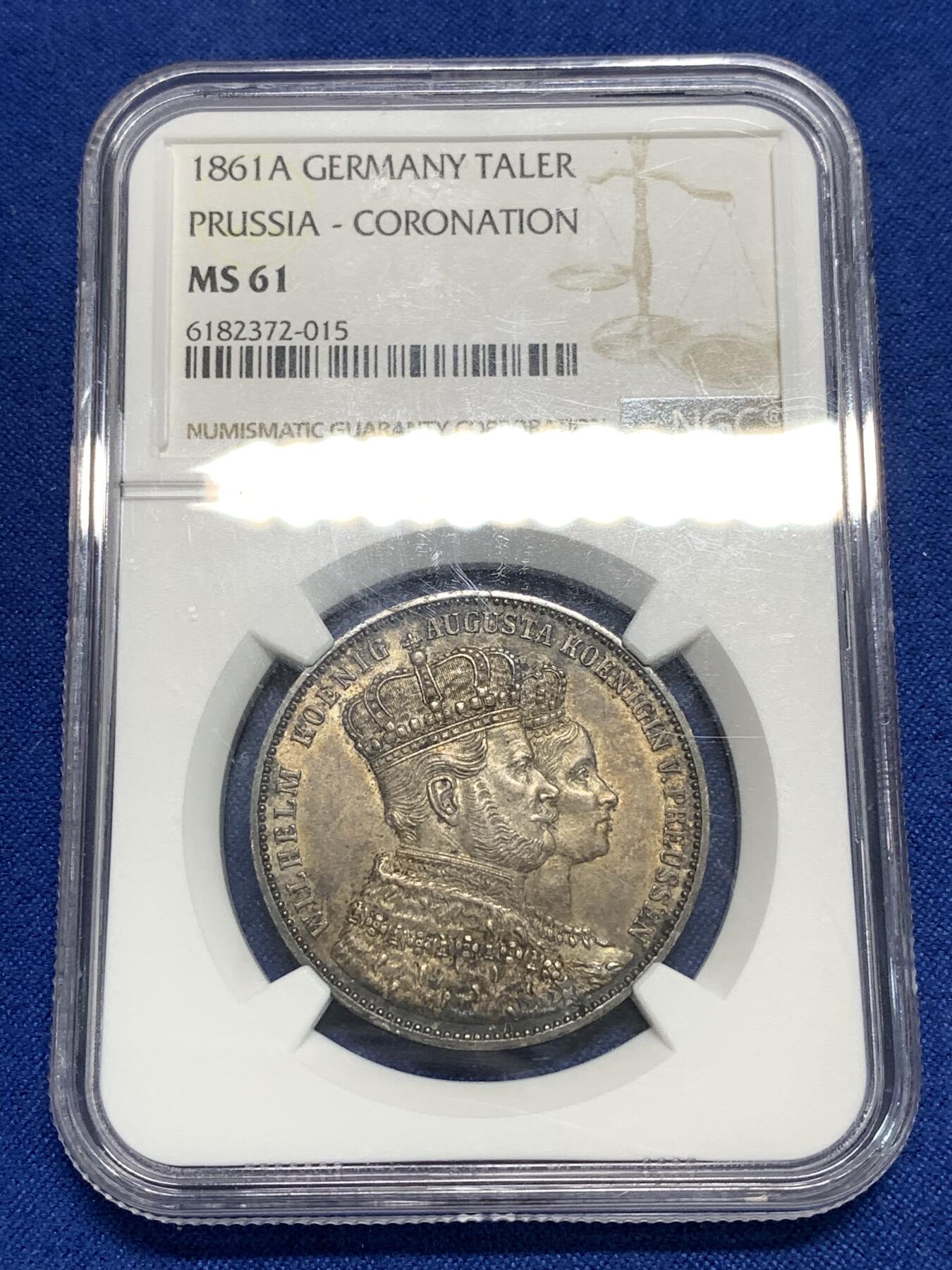 《竞宝斋》第295场- 周日，周一  2场连拍 （全场包邮） NGC MS61 德国普鲁士1861年威廉一世经典毛衣泰勒银币 原汁原味欧洲百年老彩包浆