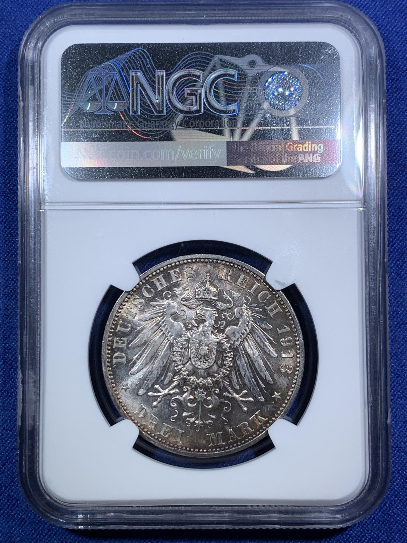 《竞宝斋》第295场- 周日，周一  2场连拍 （全场包邮） NGC MS64 德国萨克森1913年莱比锡建功碑3马克银币 漂亮的五彩包浆