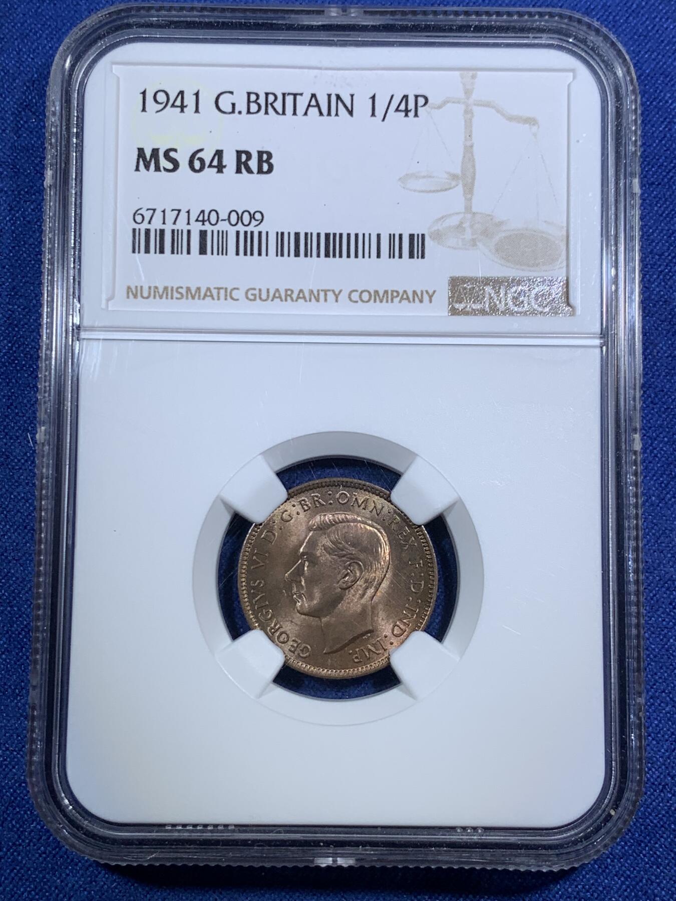 《竞宝斋》第295场- 周日，周一  2场连拍 （全场包邮） NGC MS64RB 英国1941年乔治六世法新铜币 小鸟可爱，铜光犀利，正面冷色调包浆动人