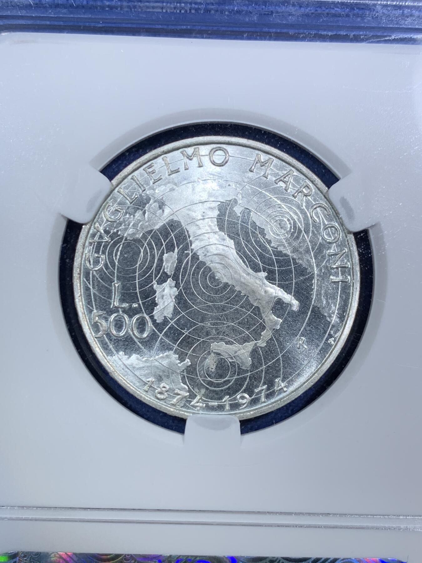 《竞宝斋》第295场- 周日，周一  2场连拍 （全场包邮） ACG MS66 1974年意大利马克尼诞辰100周年银币 好品