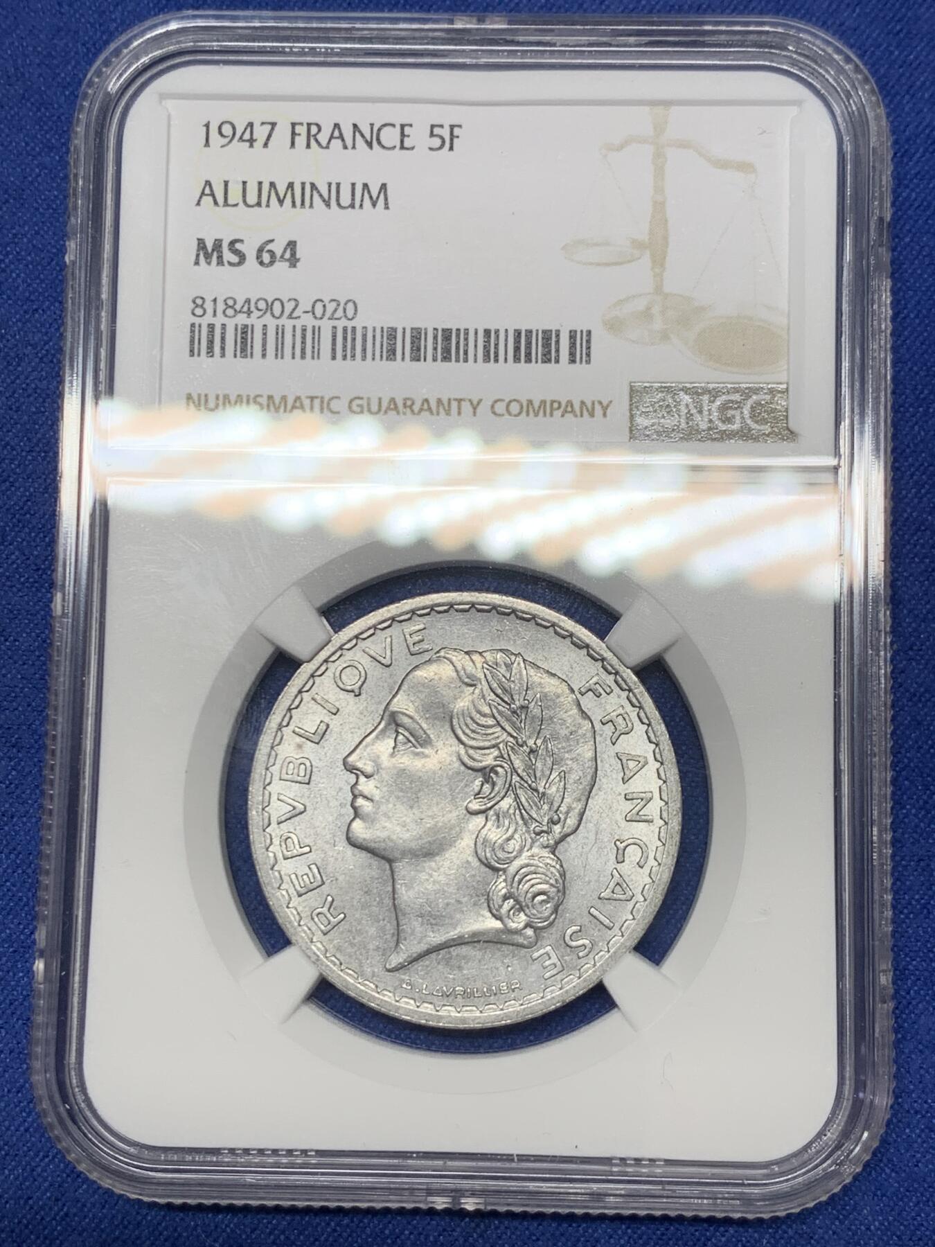 《竞宝斋》第295场- 周日，周一  2场连拍 （全场包邮） NGC MS64 1947年法兰西第四共和国5法郎铝币