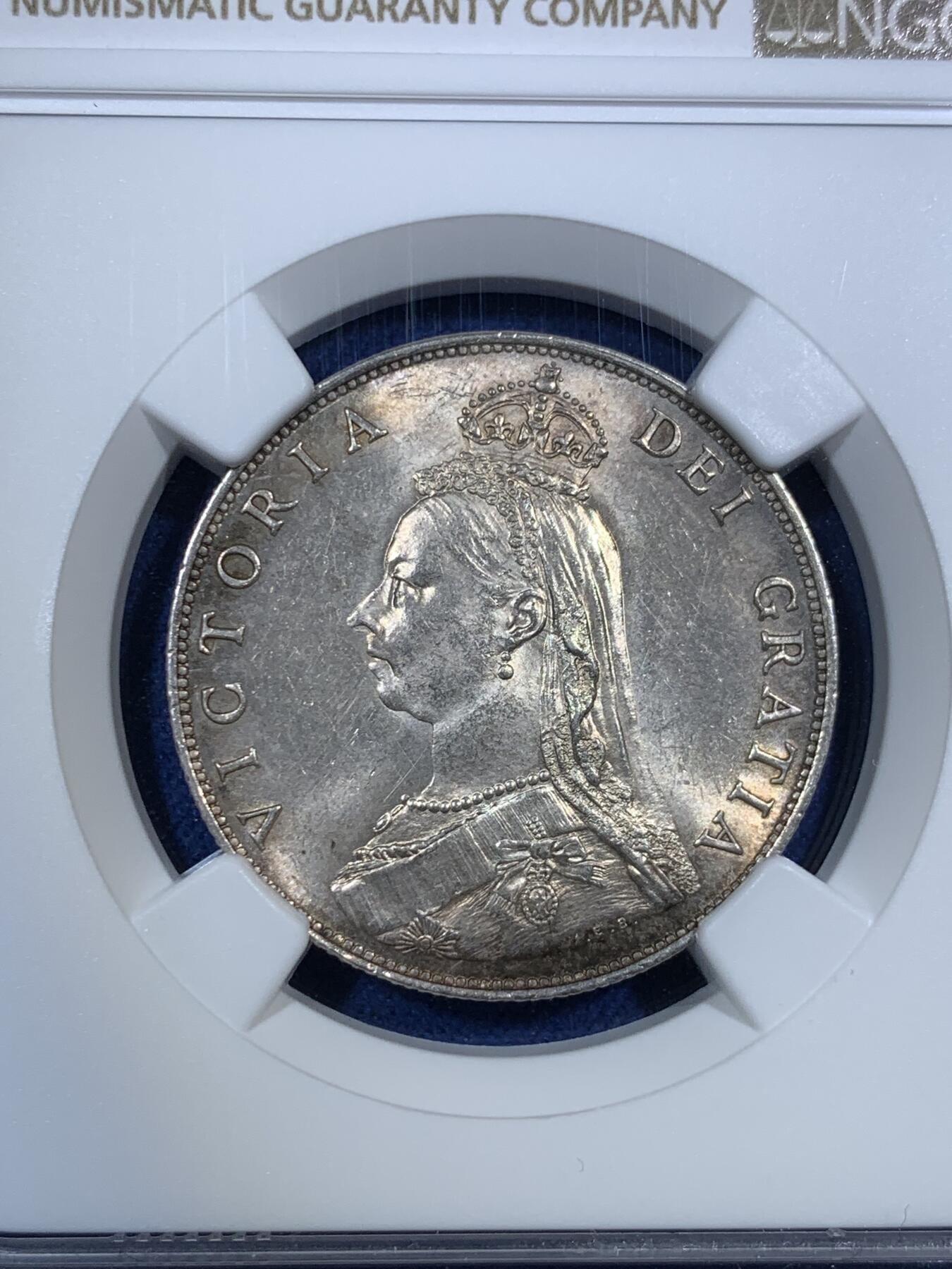 《竞宝斋》第295场- 周日，周一  2场连拍 （全场包邮） NGC MS64 1887年英国维多利亚女王1弗洛林2先令银币 高分难得 略带彩