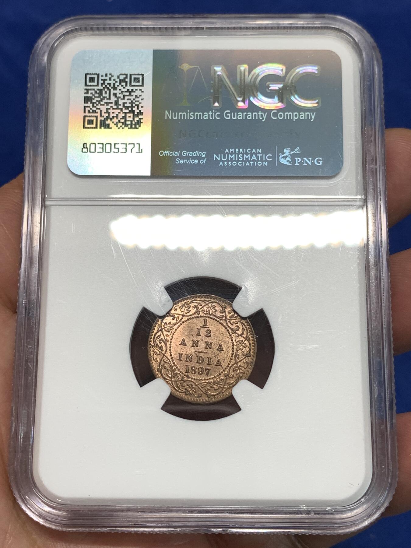 《竞宝斋》第295场- 周日，周一  2场连拍 （全场包邮） NGC MS63RB 印度1897-C版1/12安娜铜币 很舒服的原铜光