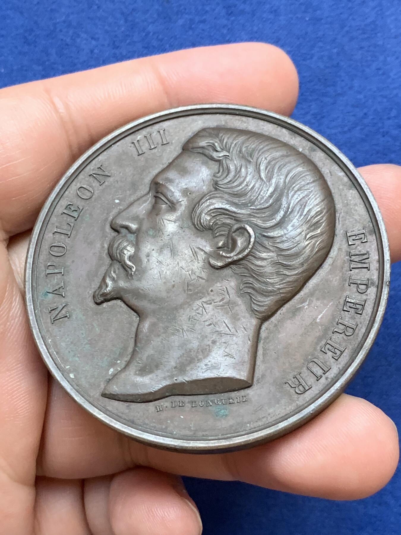 《竞宝斋》第295场- 周日，周一  2场连拍 （全场包邮） 1858年法国拿破仑三世农业铜章 超大尺寸！ 直径57mm 重量92g