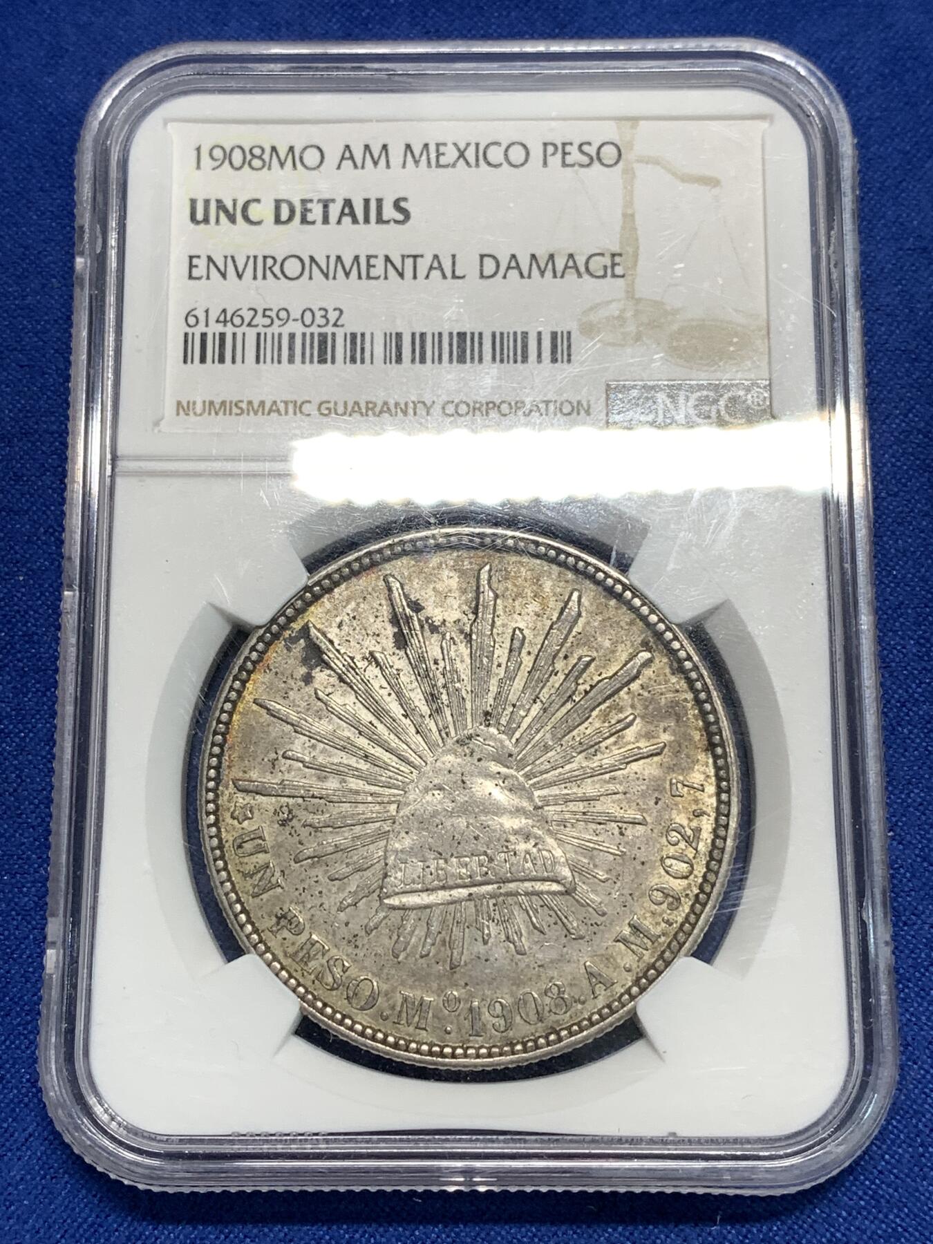 《竞宝斋》第295场- 周日，周一  2场连拍 （全场包邮） NGC UNCD 墨西哥1908MOAM版直边鹰洋1比索银币