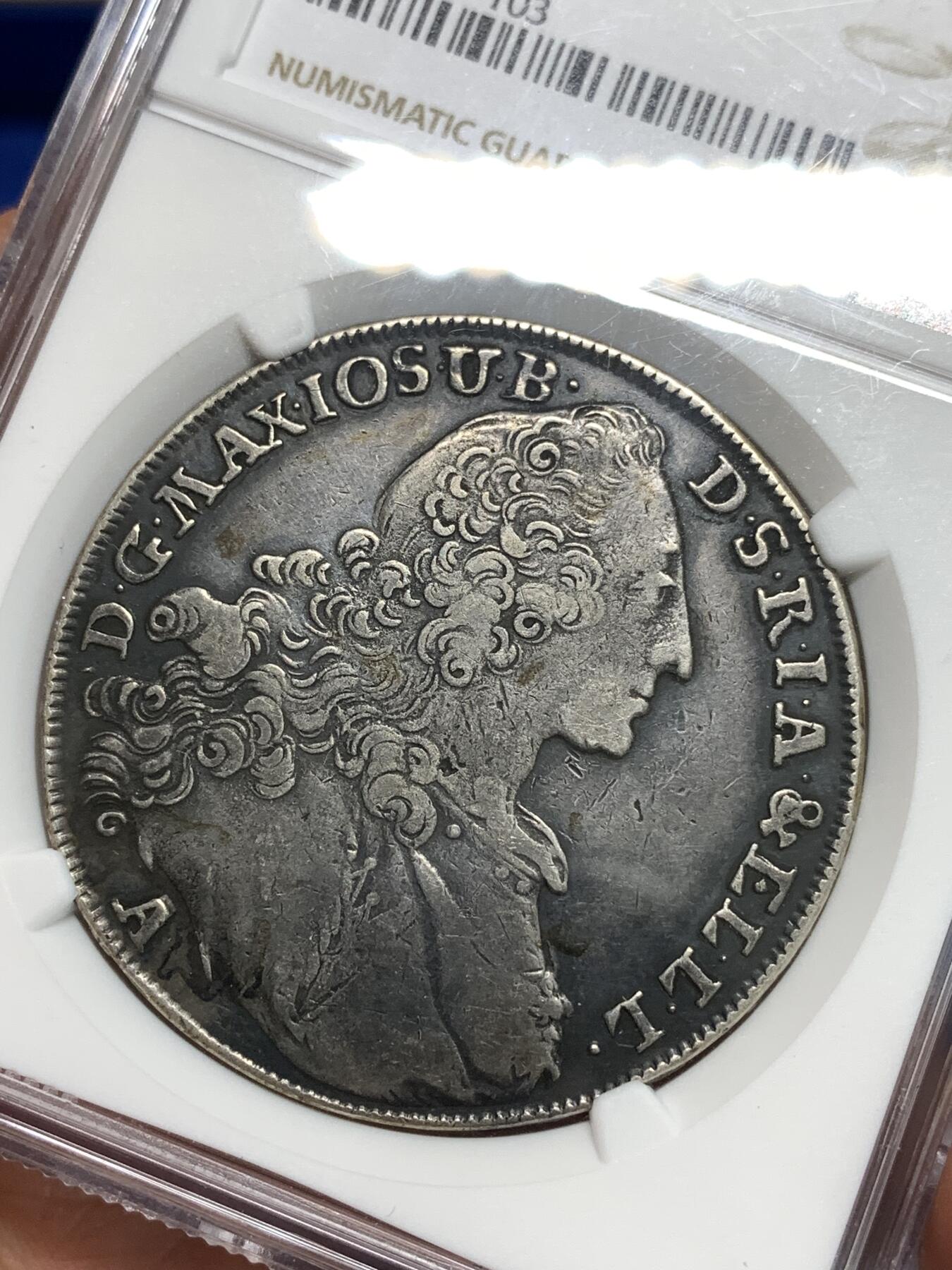 《竞宝斋》第295场- 周日，周一  2场连拍 （全场包邮） NGC XFD 德国巴伐利亚1770年马克西米利安圣母抱婴泰勒银币黑彩包浆