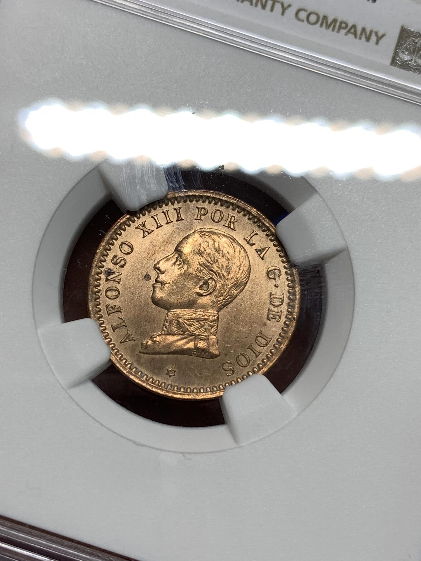 《竞宝斋》第295场- 周日，周一  2场连拍 （全场包邮） NGC UNCD 西班牙1912年阿方索十三世2分铜币