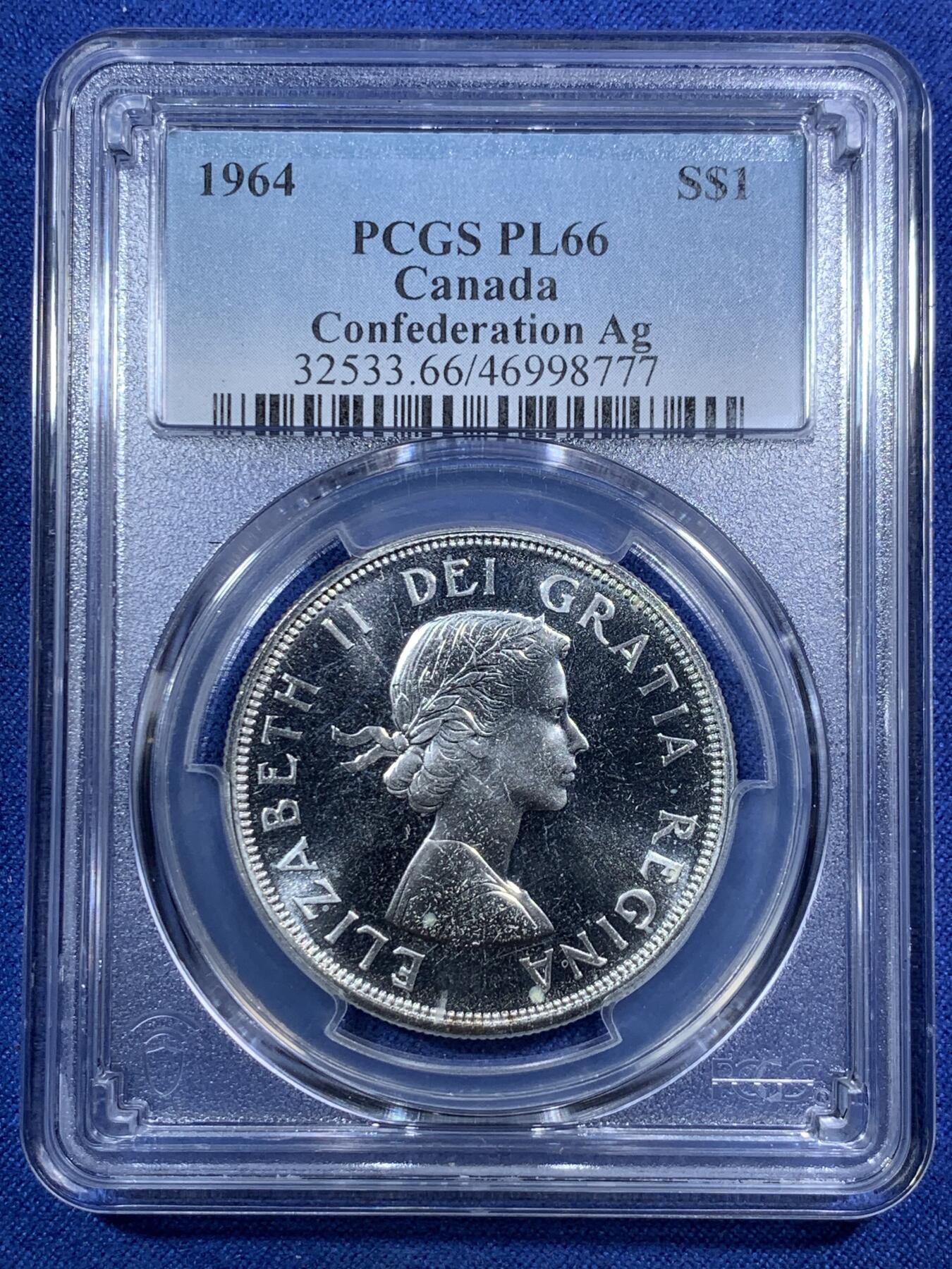 《竞宝斋》第295场- 周日，周一  2场连拍 （全场包邮） NGC PL66 加拿大1964年伊丽莎白二世女王头像夏洛特会议召开100周年纪念1元类精制大银币