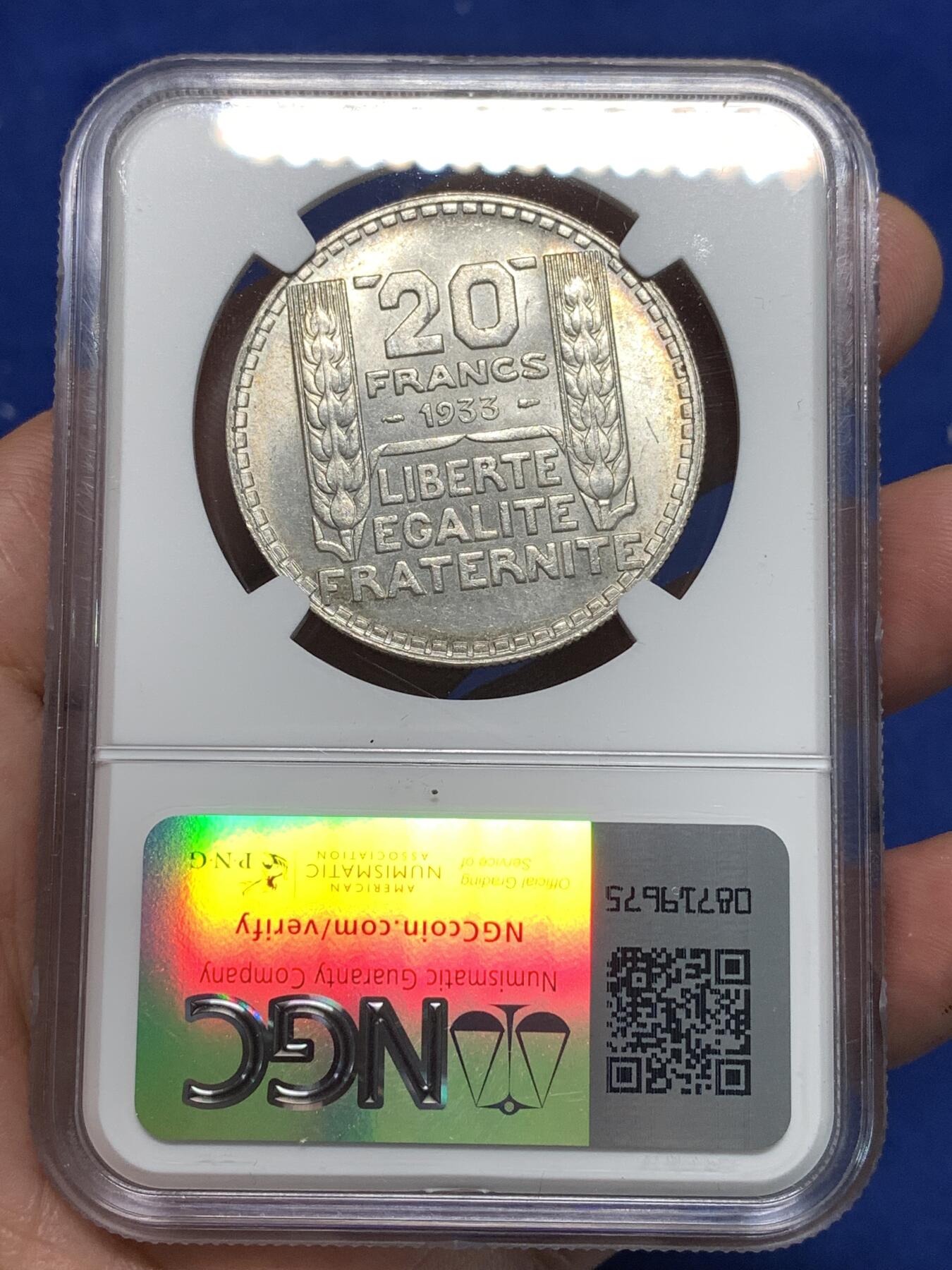 《竞宝斋》第295场- 周日，周一  2场连拍 （全场包邮） NGC MS62 法国1933年桂冠女神20法郎银币