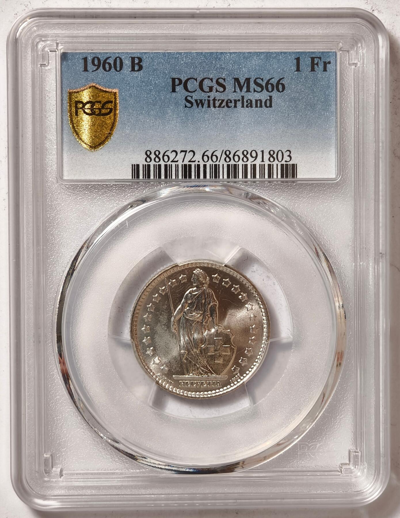紫瑗钱币——第458期 瑞士 1960年 B版 赫尔维蒂亚 1法郎 银币 PCGS MS66