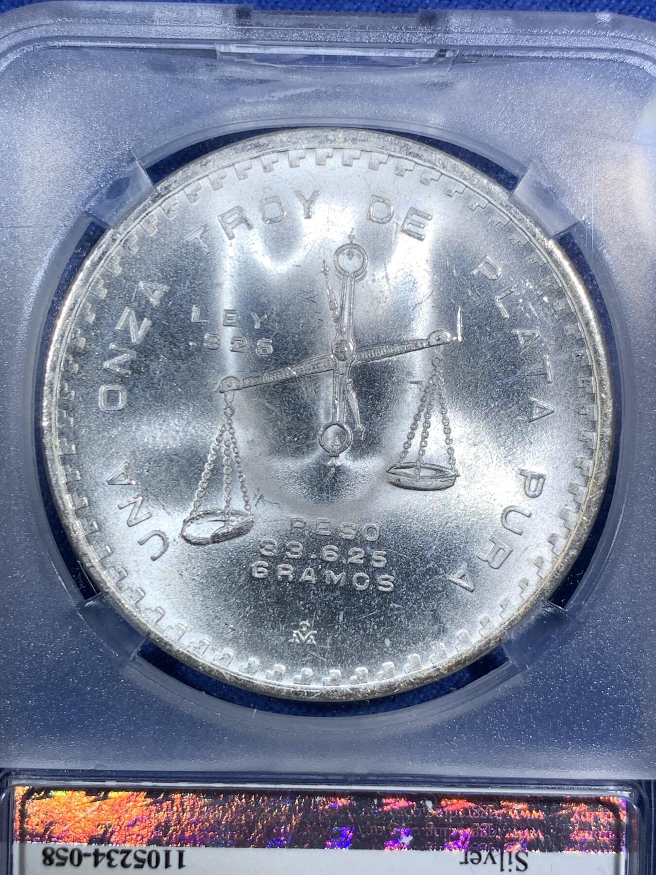 《竞宝斋》第295场- 周日，周一  2场连拍 （全场包邮） TQG MS64 墨西哥1980天平铸币机1盎司大银币 十字转光