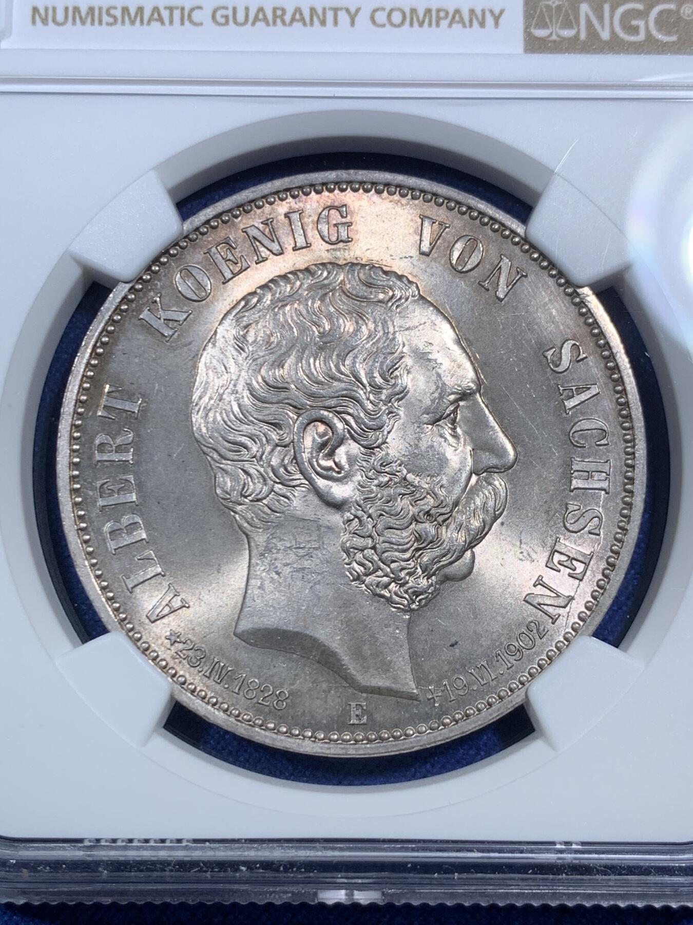 《竞宝斋》第295场- 周日，周一  2场连拍 （全场包邮） NGC MS64 德国 1902年E版 萨克森 阿尔伯特逝世 5马克 银币