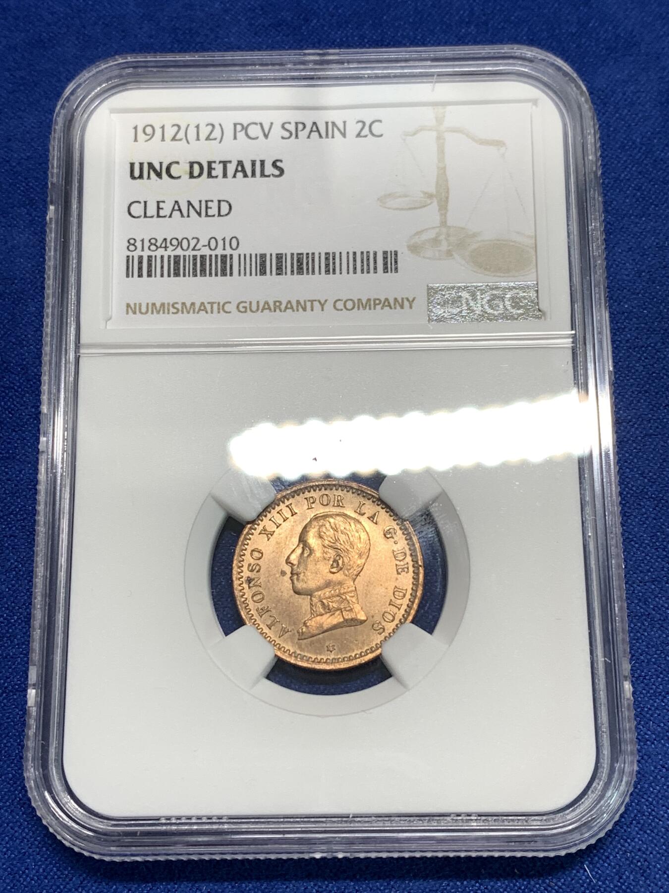 《竞宝斋》第295场- 周日，周一  2场连拍 （全场包邮） NGC UNCD 西班牙1912年阿方索十三世2分铜币