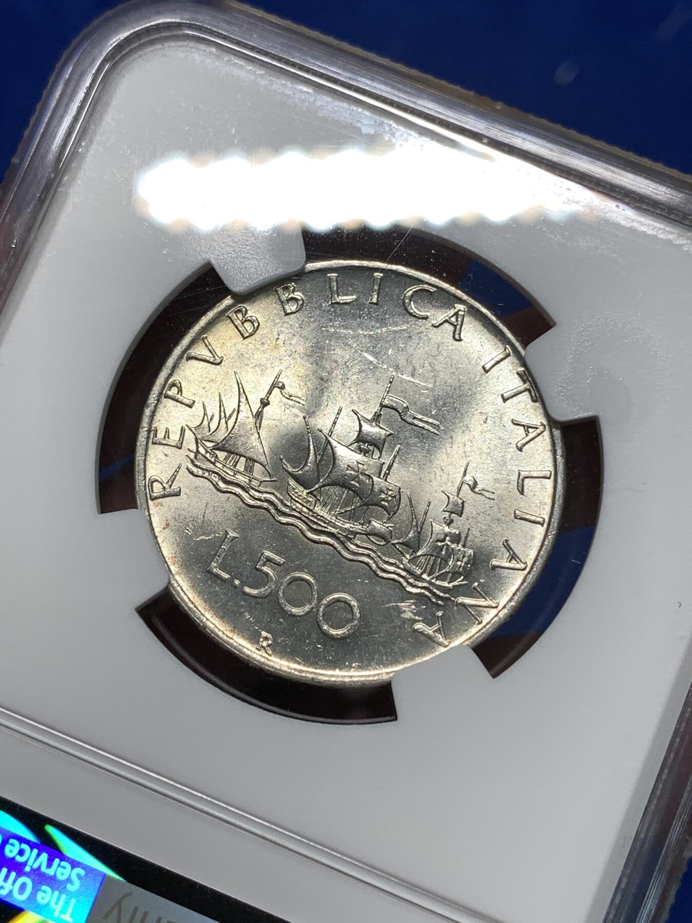 《竞宝斋》第295场- 周日，周一  2场连拍 （全场包邮） NGC MS62 原光意大利1959年帆船女神500里拉银币 设计精美 比较少见的早期年份 低评了