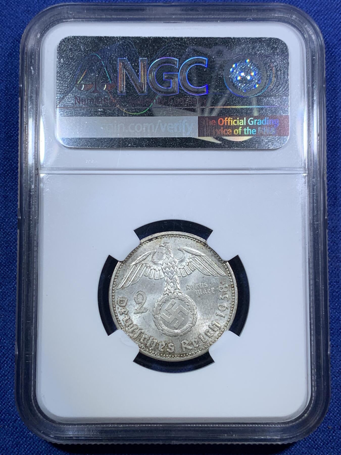 《竞宝斋》第295场- 周日，周一  2场连拍 （全场包邮） NGC MS63 德国1938年A版兴登堡2马克银币 淡灰色包浆