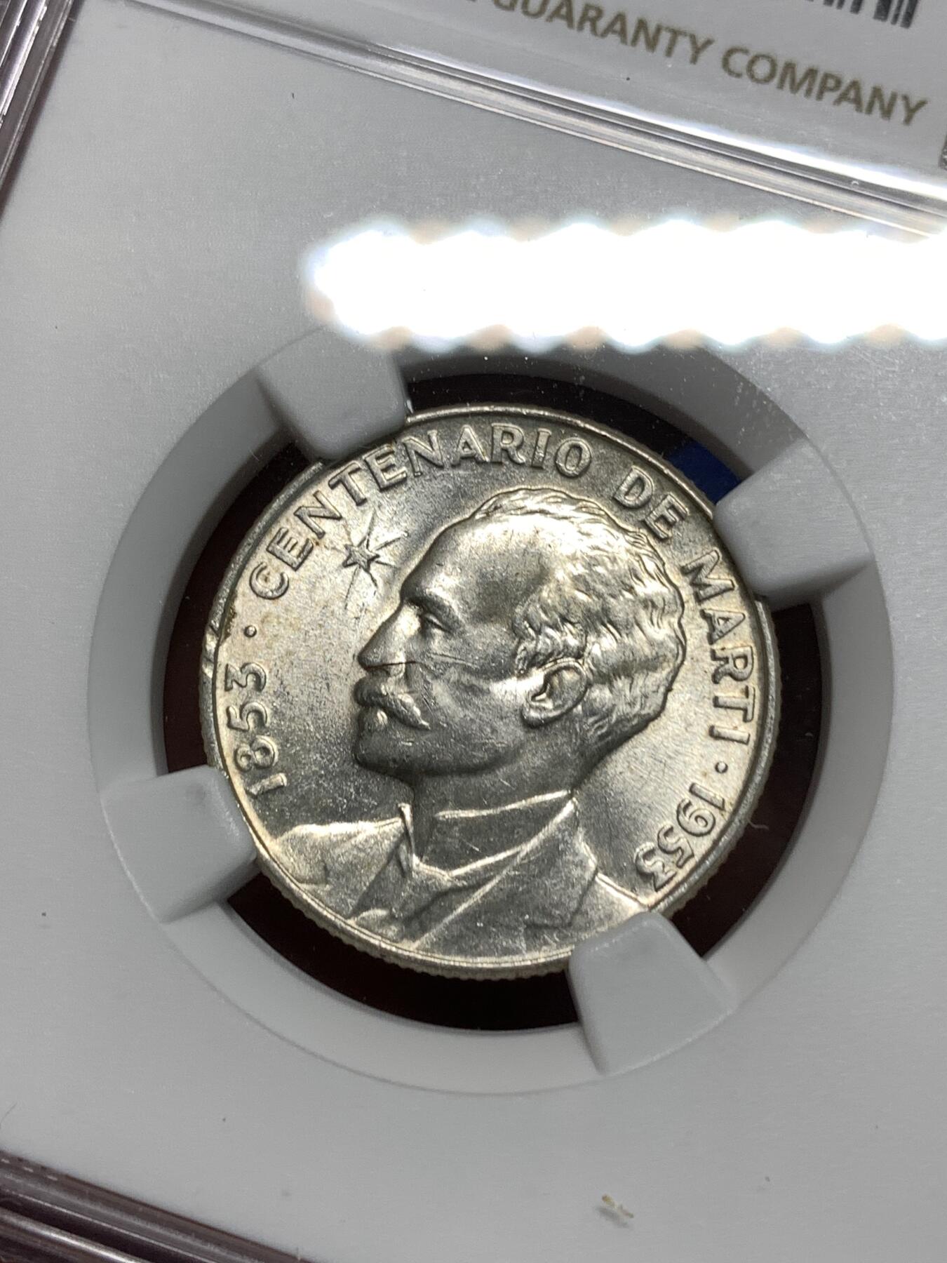 《竞宝斋》第295场- 周日，周一  2场连拍 （全场包邮） NGC MS64 古巴1953年何塞马丁百年纪念25分银币