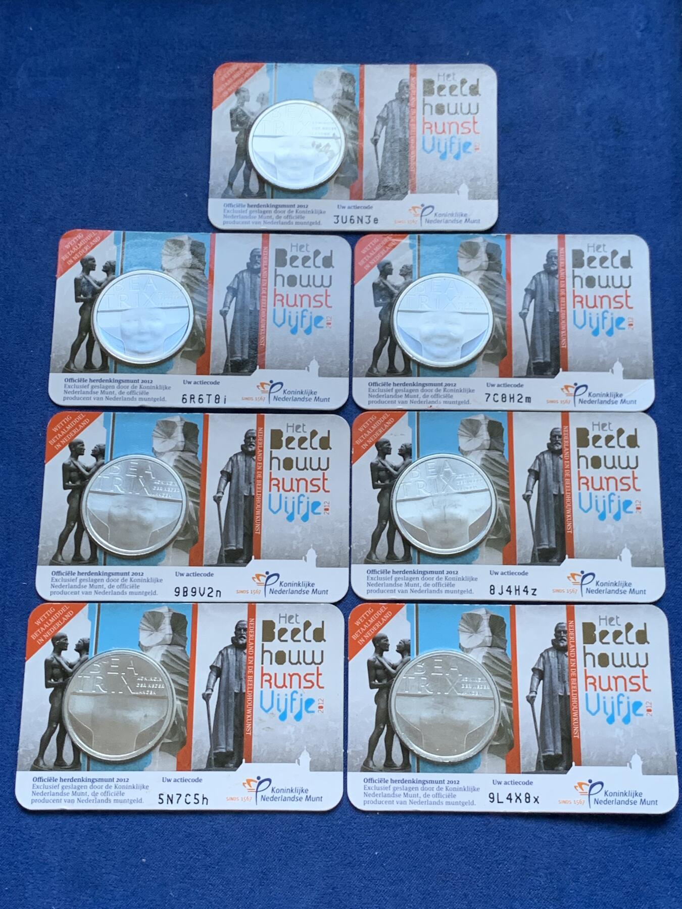 《竞宝斋》第295场- 周日，周一  2场连拍 （全场包邮） 欧洲之星 2012年 荷兰 5欧元 雕刻师 镀银纪念币 小卡 共7枚