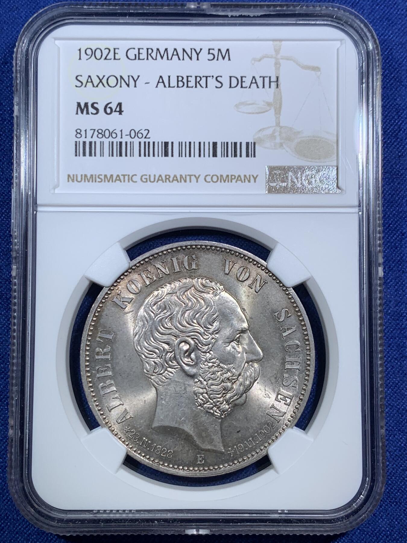《竞宝斋》第295场- 周日，周一  2场连拍 （全场包邮） NGC MS64 德国 1902年E版 萨克森 阿尔伯特逝世 5马克 银币