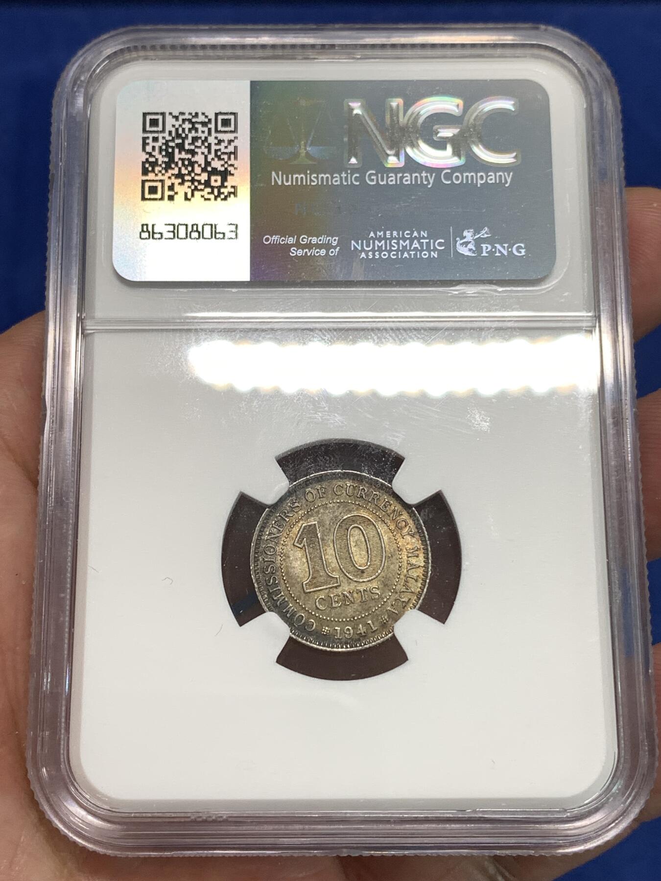 《竞宝斋》第295场- 周日，周一  2场连拍 （全场包邮） NGC MS63 英属马来亚1941年10分银币