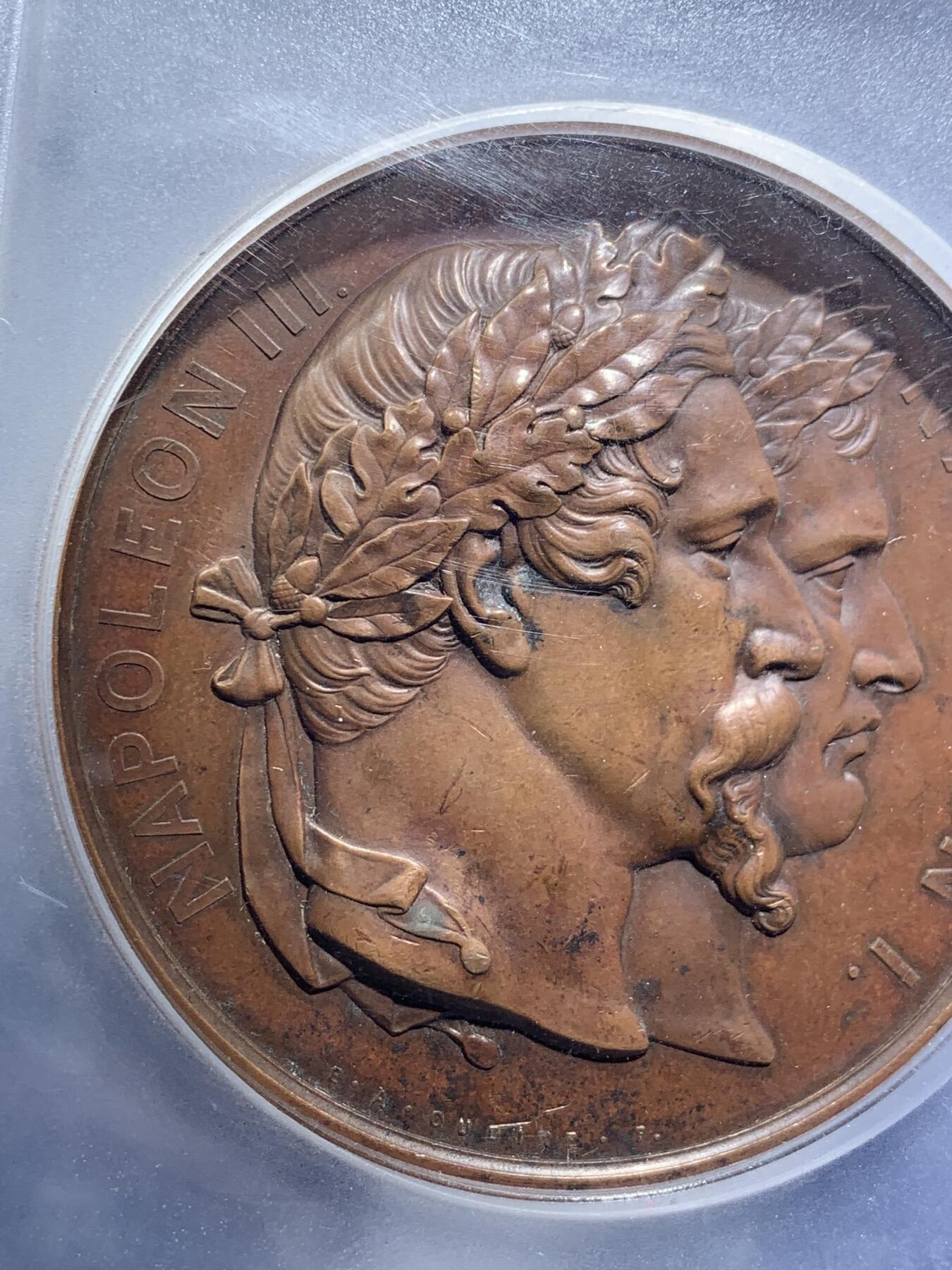 《竞宝斋》第295场- 周日，周一  2场连拍 （全场包邮） PCGS SP62BN 1853年法兰西第二帝国拿破仑三世与皇后 复辟加冕高浮雕大铜章 70MM 拿三大尺寸铜章相当难得